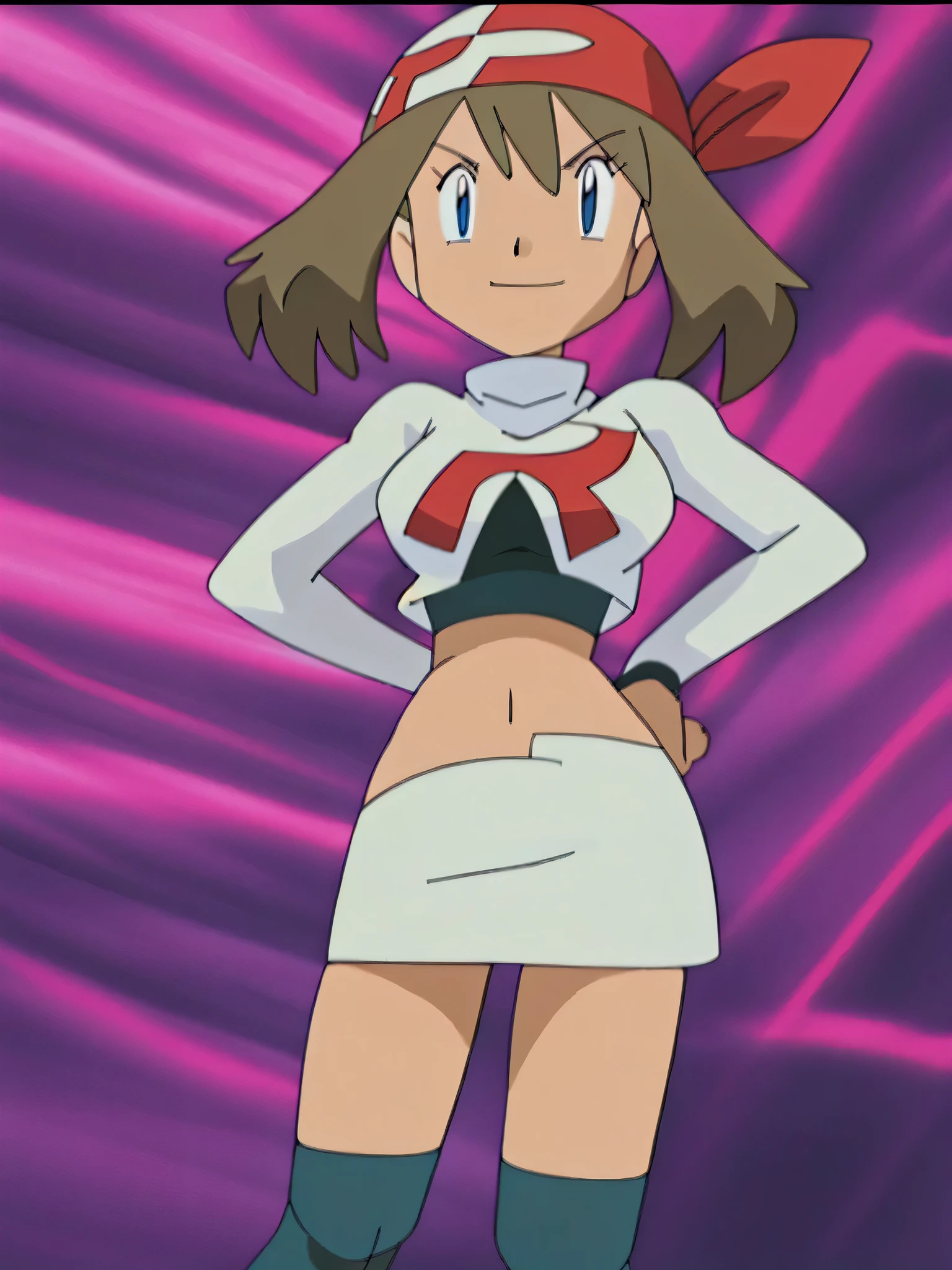 8k,1girl in, (solo:1.1), (perfect body:1.1), (best quality:1.1), very large breast, team rocket, team rocket uniform, red letter r, white skirt,white crop top,black thigh-high boots, black elbow gloves, smiling, looking down at viewer, hands on hips,zettai ryouiki,cowboy shot