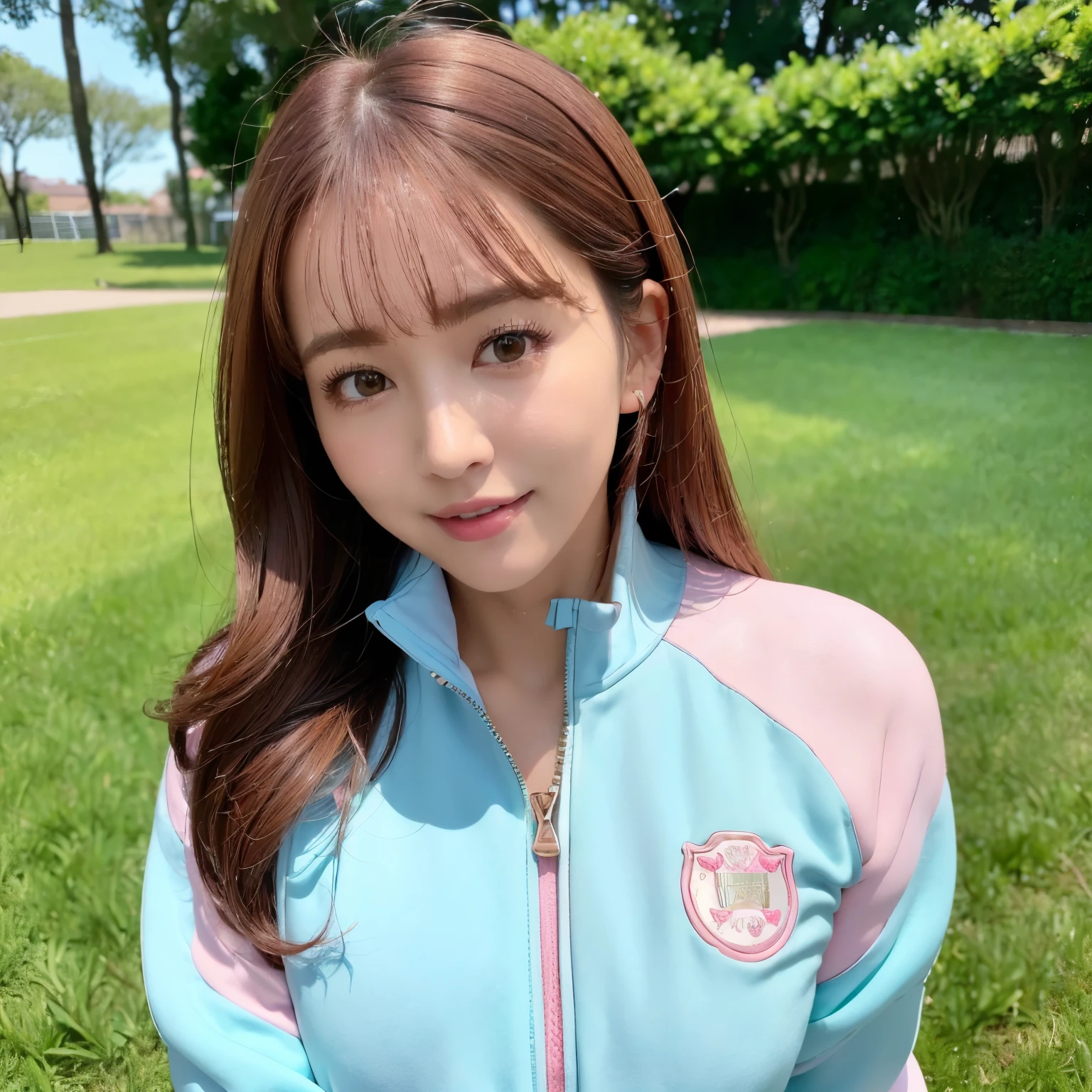 (highest quality、table top、8K、best image quality、Award-winning work)、one beautiful woman、(solo:1.3)、Shining beautiful skin、(the most stylish pink tracksuit:1.2)、(Opening the jersey zipper reveals a small cleavage:1.3)、(The most natural and perfect tracksuit:1.3)、Shining ultra-high definition skin、(accurate anatomy:1.2)、A gentle smile looking at me、(close up of face:1.4)、Standing gracefully、(Blurry high school ground background:1.2)、portrait photography、(draw softly and smoothly:1.1)、(very bright and vivid:1.2)、very romantic、光を受けてShining beautiful skin、(very bright and refreshing:1.1)、(the most detailed and perfect face:1.1)、(most detailed glowing eyes:1.1)、(beautiful and moisturized skin:1.2)、(very bright and vivid:1.3)、(Super high-definition glowing fair skin:1.2)