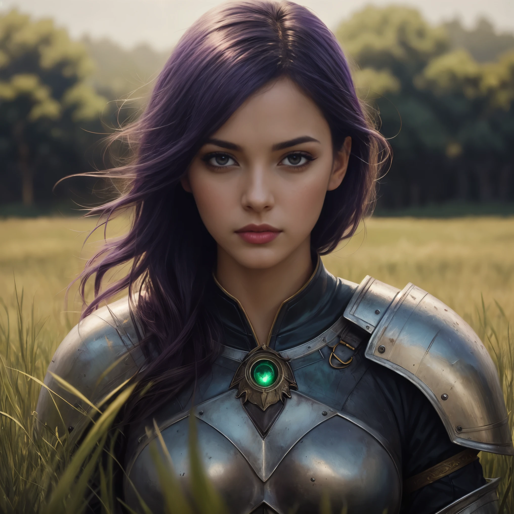breathtaking oil painting, medieval fantasy, mature knight, commander woman, purple wings, dark purple hair, glowing green eyes, high detail outfit, grass field background, cinematic shot, dynamic lighting, 75mm, Technicolor, Panavision, cinemascope, sharp focus, fine details, 8k, HDR, realism, realistic, key visual, film still, superb cinematic color grading, depth of field, photorealistic oil painting, by charlie bowater, fine details, by wlop, trending on artstation, very detailed