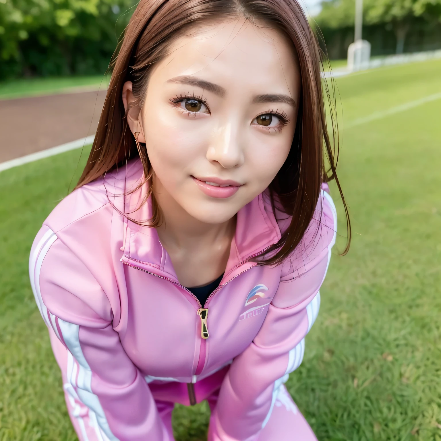 (highest quality、table top、8K、best image quality、Award-winning work)、one beautiful woman、(solo:1.3)、Shining beautiful skin、(the most stylish pink tracksuit:1.2)、(Opening the jersey zipper reveals a small cleavage:1.3)、(The most natural and perfect tracksuit:1.3)、Shining ultra-high definition skin、(accurate anatomy:1.2)、A gentle smile looking at me、(close up of face:1.4)、Standing gracefully、(Blurry high school ground background:1.2)、portrait photography、(draw softly and smoothly:1.1)、(very bright and vivid:1.2)、very romantic、光を受けてShining beautiful skin、(very bright and refreshing:1.1)、(the most detailed and perfect face:1.1)、(most detailed glowing eyes:1.1)、(beautiful and moisturized skin:1.2)、(very bright and vivid:1.3)、(Super high-definition glowing fair skin:1.2)