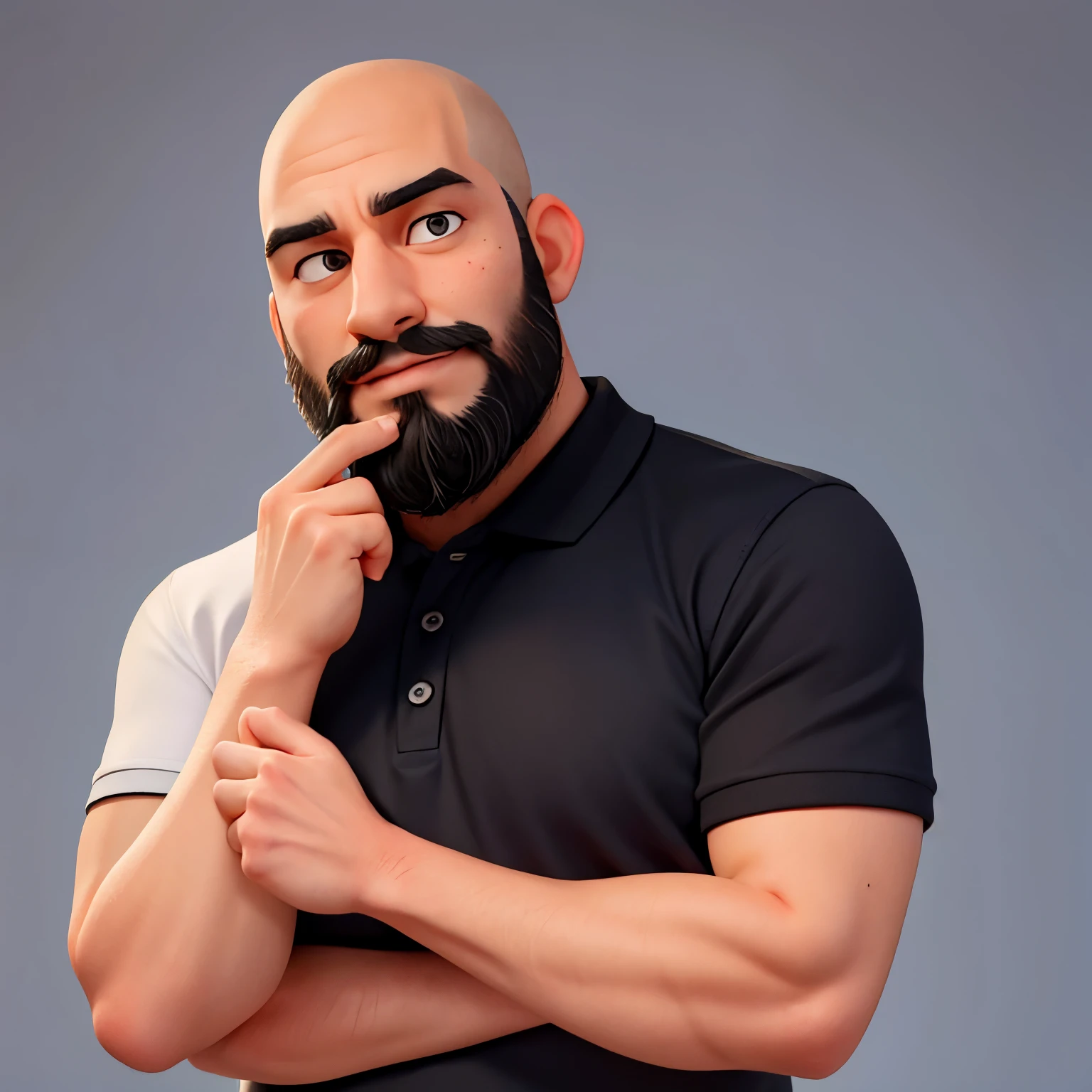 30-year-old man with shaved hair and a thick black beard, wide foreheads and black eyes. He is facing the camera with a blue polo shirt and a white background.

