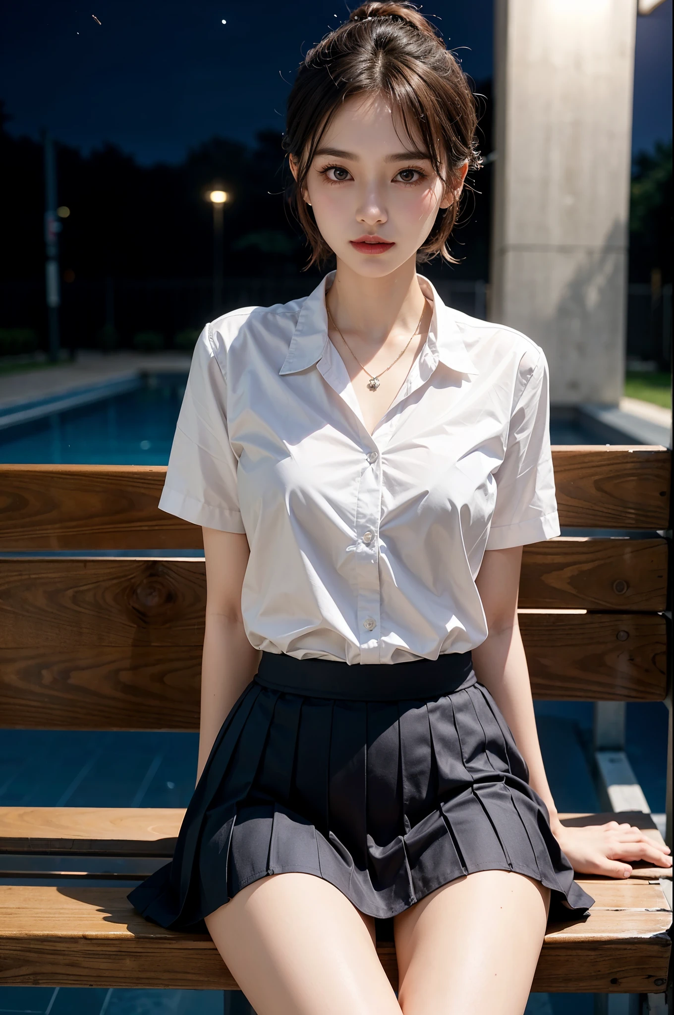 korean school uniform, school uniform shirt, ribbon, skirt, light brown hair, Poolside at night school, Poolside bench at night, dark atmosphere, 8K RAW photo, High resolution, 16 year old cute Korean, big round breasts, Beautiful eyes in detail, long eyelashes, beautiful double eyelids, narrow eyes, elongated eye shape, Three white eyes, duck mouth, evil smile, evil look, beautiful and very thin legs, Beautiful and very thin thighs, random short hair, hair tied at the back of the head, earrings, necklace,