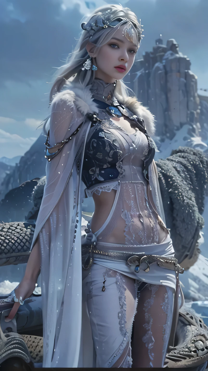 very detailed, realistic,1 woman, very detailed 얼굴, detailed eyes, detailed hair, detailed clothing, 4K, white hair, Blue-eyed, Delicate headdress, (초realistic인), (high resolution),  (beautiful and delicate eyes), (best quality),Blue-eyed, detailed headdress, cold expression, cold eyes, Cadre, alone,An eye for detail,gray hair, gray hair,