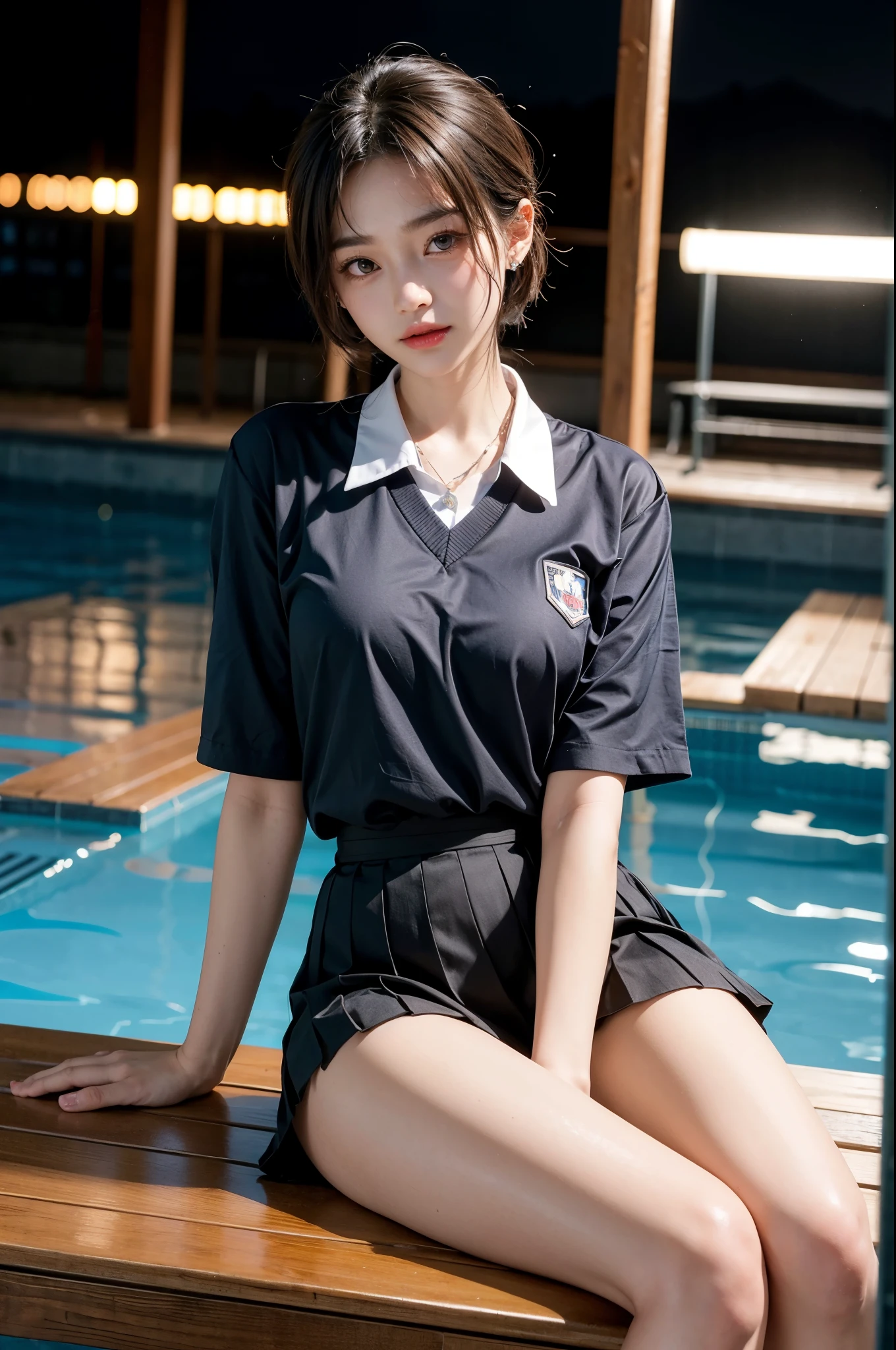 korean school uniform, school uniform shirt, ribbon, skirt, light brown hair, Poolside at night school, Poolside bench at night, dark atmosphere, 8K RAW photo, High resolution, 16 year old cute Korean, big round breasts, Beautiful eyes in detail, long eyelashes, beautiful double eyelids, narrow eyes, elongated eye shape, Three white eyes, duck mouth, evil smile, evil look, beautiful and very thin legs, Beautiful and very thin thighs, random short hair, hair tied at the back of the head, earrings, necklace,