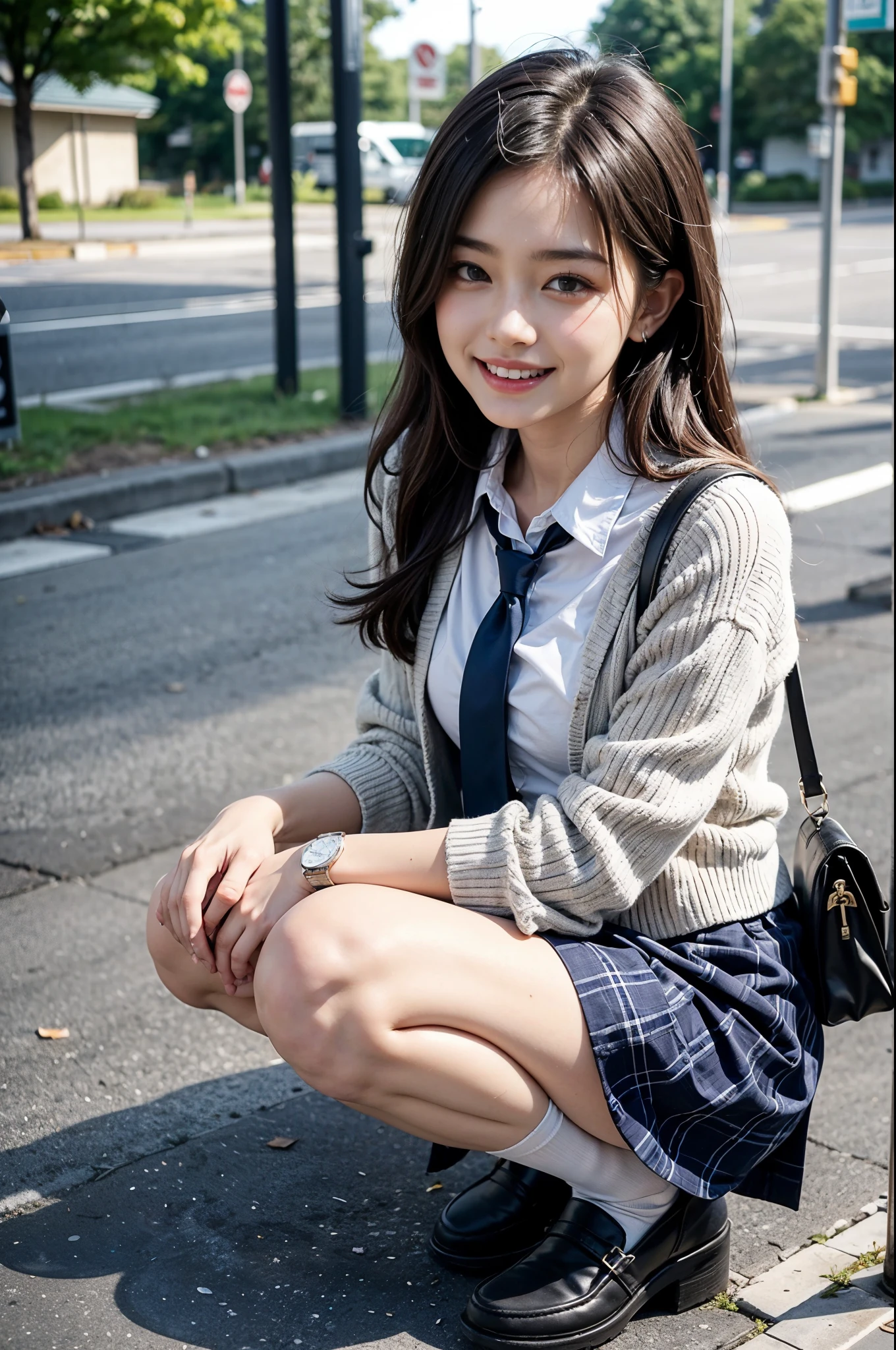 ((No makeup、A face that showed its teeth and smiled、Wide eyes open:1.2))、（beautiful and detailed eyes）、(realistic、Photoreal、super detailed、best detailed skins、highest quality、masterpiece、Super high resolution)、solo、cute japanese woman、、high school girl、young girl、1 girl、bangsがある、double eyelid、Japanese style face、purity、double teeth、realistic肌タイプ、tight waist, skinny, fine skin, alone, pantyhose, skirt, Jacket, school uniform, white background, bag, shoes, Black pantyhose, simple background, 黒いshoes, loafers, blazer, whole body, squatting position, cardigan , Plaid , school bag, tie, プリーツskirt, stand on one leg, brown eyes, long hair, black hair with sleeves that reach the wrists, long sleeve, Plaid skirt, bangs, 黒いJacket, ミニskirt, shirt, open clothes, 黒のskirt, collared shirt,afternoon, Natural light, outdoor, wood, bus stop,Angle shot from above