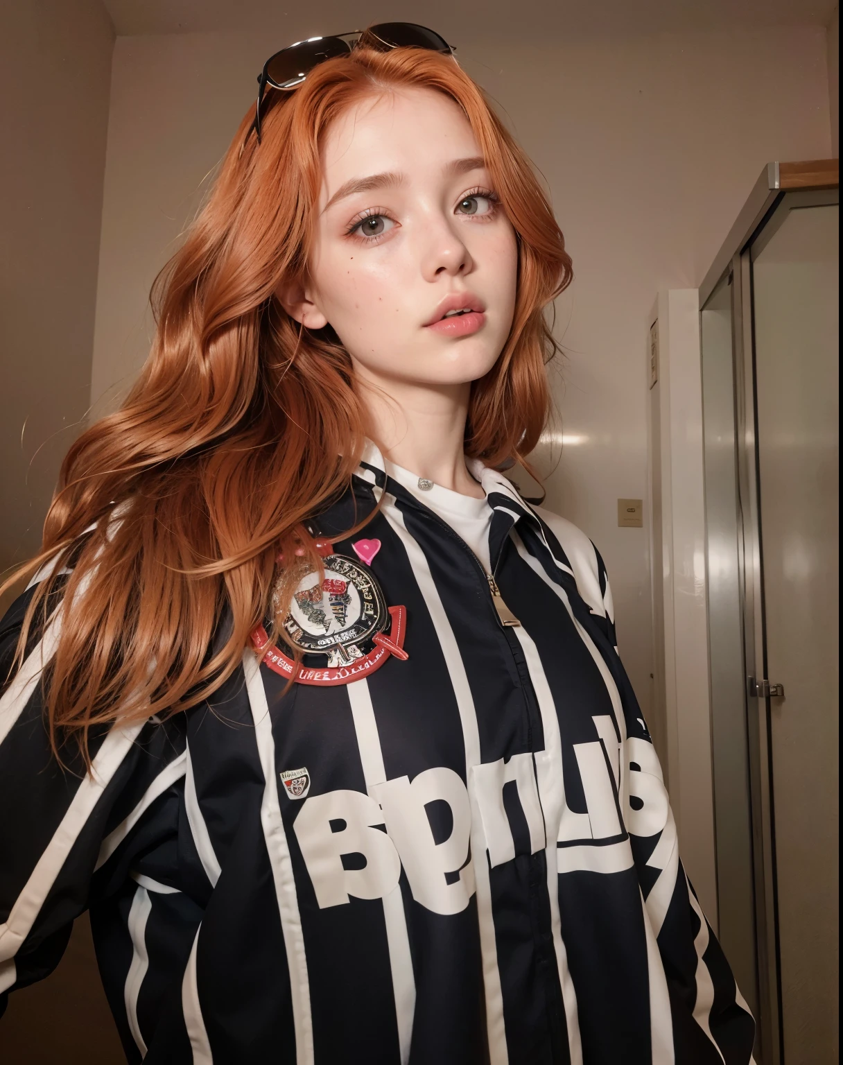 mulher arafa com cabelo ruivo e camisa preta e branca, ellie bamber, Sofia Turner, Rena nunen estilo 3/4, Retrato de Jossi do Blackpink, no estilo de Petra Collins, she is wearing streetwear, ela parece uma mistura de sujeira, Sofia Turner girl, fada ellie bamber, Katherine McNamara inspirada, pia sadie, Bela Delfina