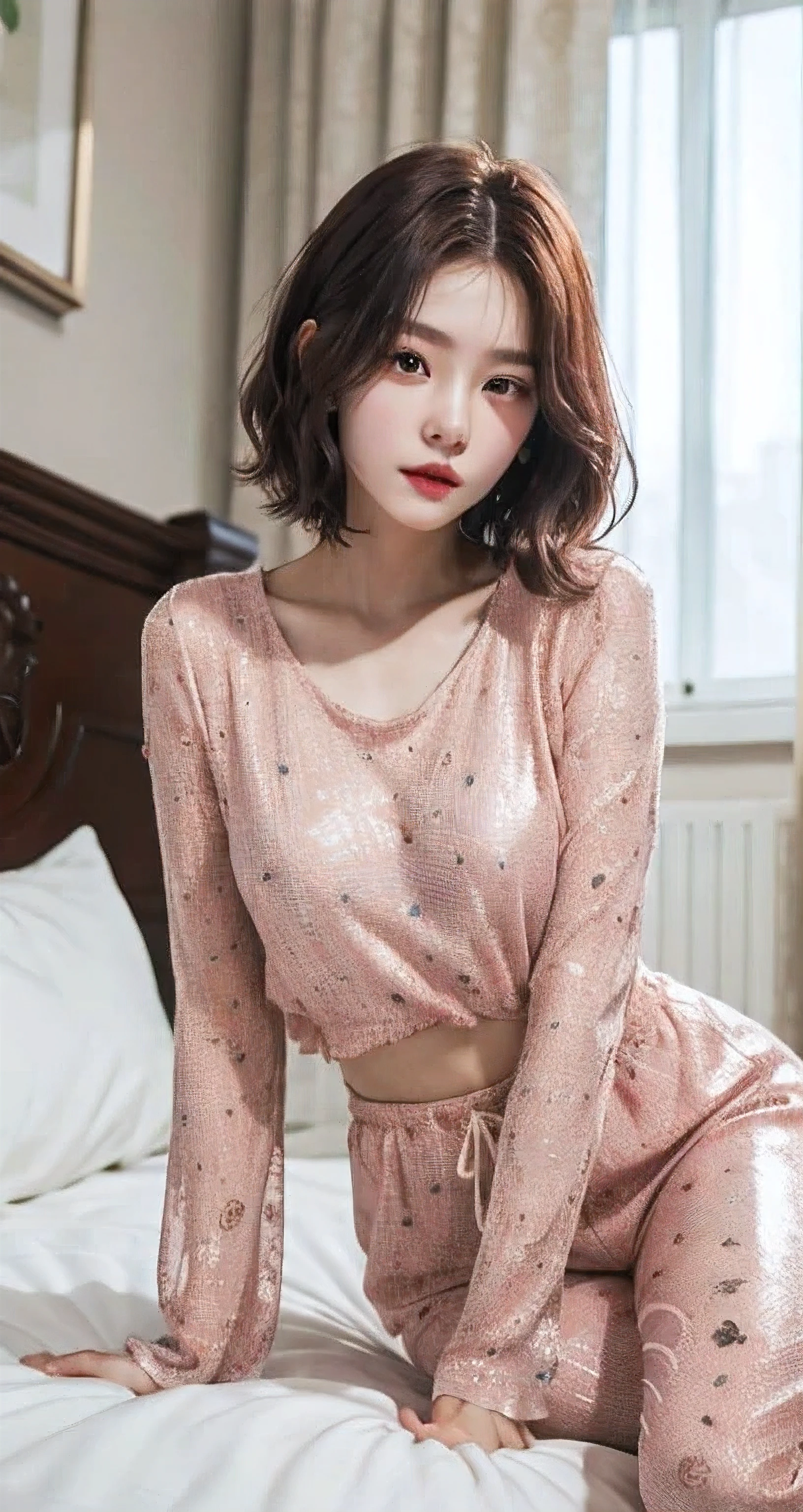 Best Quality Detail:1.2, realisitic, 8K UHD, hight resolution, 1girl in:1.2, The ultra-detailliert, High quality textures, intricate detailes, detaileds, Very detailed CG, High quality shadows, Detail Beautiful delicate face, Detail Beautiful delicate eyes, depth of fields, Ray traching, masterpiece, best quality,ulzzang -6500-v1.1:0.6, pureerosface_v1, Pretty korean Girl, Korean Urzan Face:1.1, milf, 28 year old woman,short neon orange hair,shiny_skin,thin_waist,gigantic breasts,wearing orange pajamas with black polkadots, 4K, 8K UHD Full Color RAW Photos, Fuji Film(Medium format:1.2), Hasselblad:1.2, Carl zeiss:1.1, Incredible dynamic range photography(UTIL_Art by Smoose-768:1.1), hight resolution, High pixel count, clear details, crisp image, Natural color reproduction, Noise Reduction, High fidelity, qulity, Software Improvements, Upscaling, Optimized algorithms, Pro-level retouching,crowd:1.1,depth of field,looking at viewer,random pose sitting at the she room background,random sexy pose sitting at the bed