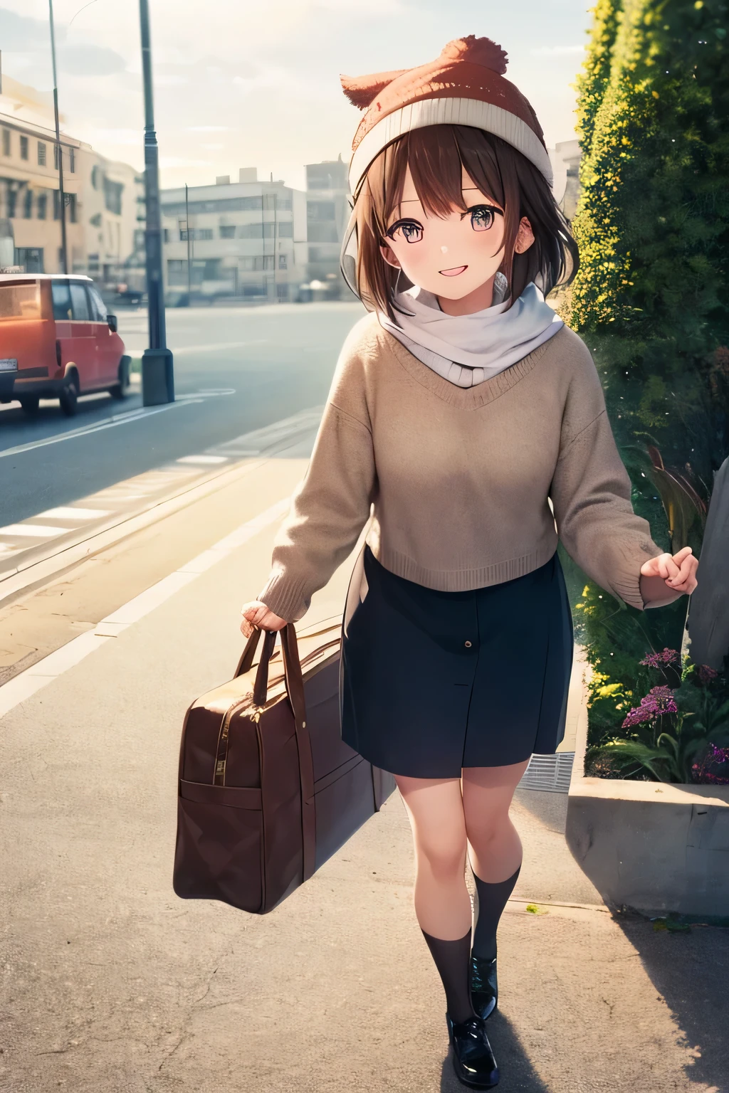 (best quality: 1.2), 1 girl, "It's a late night with stars shining in the deep blue sky, her wrinkled skirt flutters gently in the cool breeze as she walks home, wearing a cozy sweater and carrying a bag. She has brown hair tucked under a beanie and wears black shoes. The scene is immersive and peaceful, with city lights twinkling in the distance, creating a serene and tranquil atmosphere. The girl stands smiling brightly at the bus stop, her beautiful detailed eyes sparkling with a sense of contentment, and her lips glossy and well-defined. The colors of the scene are reminiscent of Ghibli