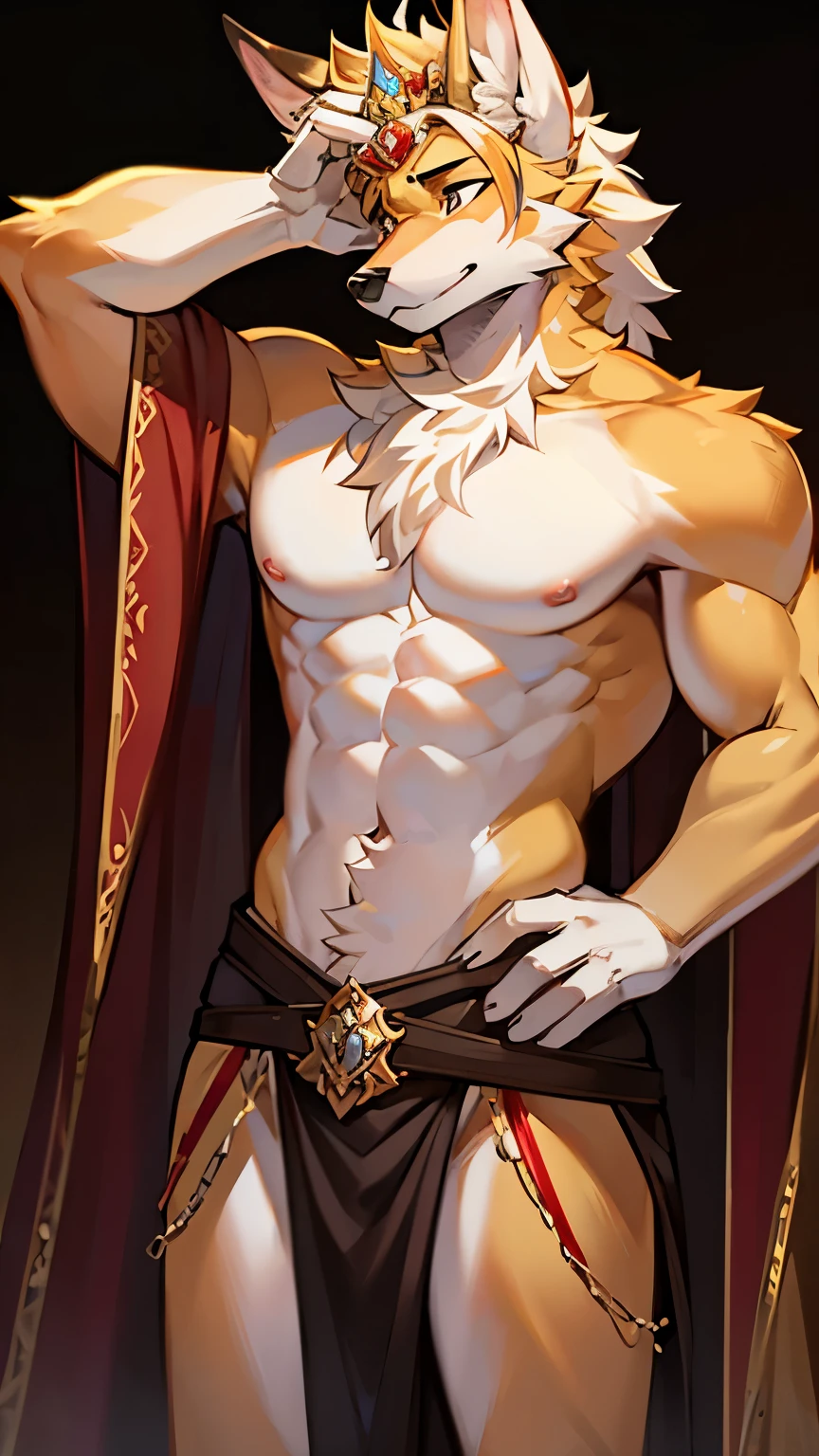 maned wolf, standing, imperial, muscular, hand on head, crown, royal background, white wolf, topless, best quality, masterpiece, detail body, perfec eyes, detail background, detail fur, anthro