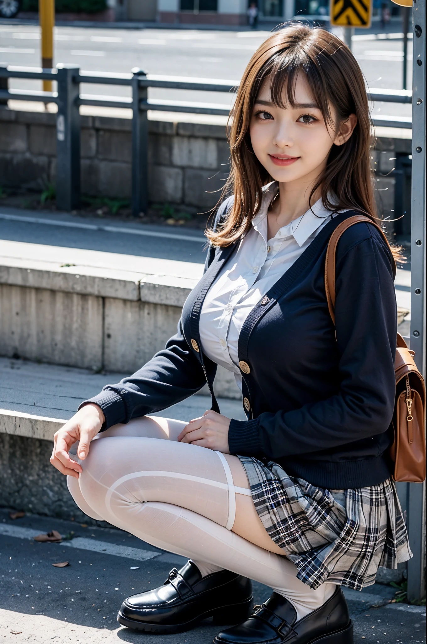 ((No makeup、Smiled face、big breasts、valley:1.4))、(beautiful and detailed eyes)、(realistic、Photoreal、super detailed、best detailed skins、highest quality、masterpiece、Super high resolution)、solo、cute japanese woman、17 years old、high school girl、young girl、1 girl、bangsがある、double eyelid、Japanese style face、purity、double teeth、realistic肌タイプ、tight waist, skinny, fine skin, alone, pantyhose, skirt, Jacket, school uniform, white background, bag, shoes, Black pantyhose, simple background, 黒い学生のshoes, loafers, blazer, whole body, squatting position, cardigan , Plaid , school bag, tie, プリーツskirt, stand on one leg, brown eyes, medium hair, long sleeve, Plaidのskirt, bangs, Jacket, ミニskirt, White sheer shirt, open clothes, 黒のskirt, collared shirt,afternoon, Natural light, outdoor, wood, bus stop,Angle shot from above、close up shot of face、bangs