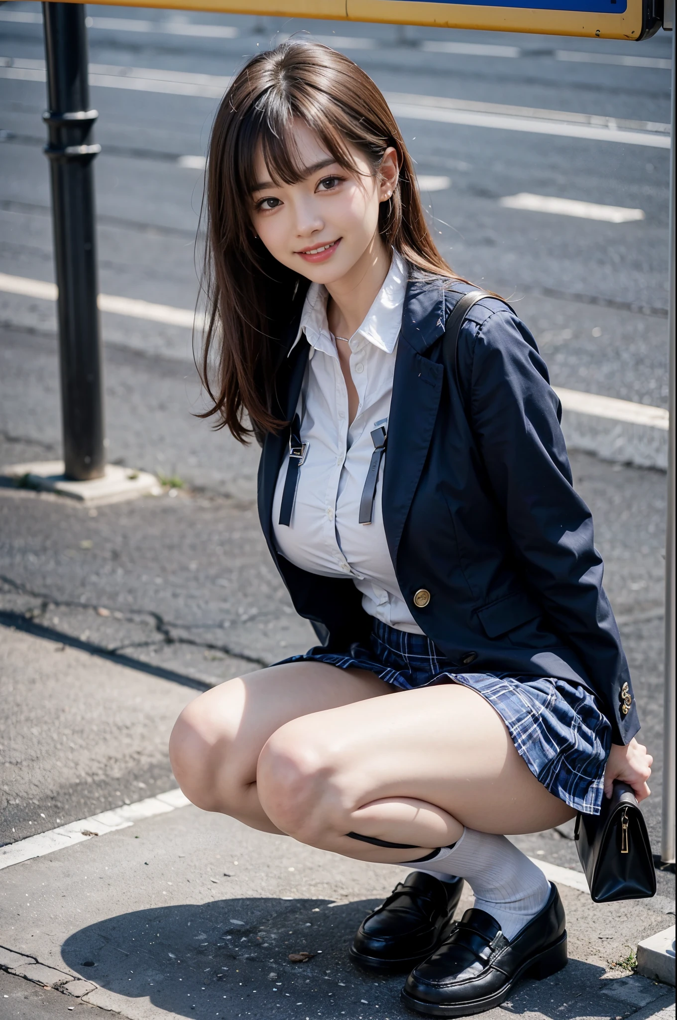 ((No makeup、Smiled face、big breasts、valley:1.4))、(beautiful and detailed eyes)、(realistic、Photoreal、super detailed、best detailed skins、highest quality、masterpiece、Super high resolution)、solo、cute japanese woman、、high school girl、young girl、1 girl、bangsがある、double eyelid、Japanese style face、purity、double teeth、realistic肌タイプ、tight waist, skinny, fine skin, alone, pantyhose, skirt, Jacket, school uniform, white background, bag, shoes, Black pantyhose, simple background, 黒い学生のshoes, loafers, blazer, whole body, squatting position, cardigan , Plaid , tie, プリーツskirt, stand on one leg, brown eyes, medium hair, long sleeve, Plaidのskirt, bangs, ミニskirt, White sheer shirt, open clothes, 黒のskirt, collared shirt,afternoon, Natural light, outdoor, wood, bus stop,Angle shot from above、(close up shot of face),黒い透けたpantyhose