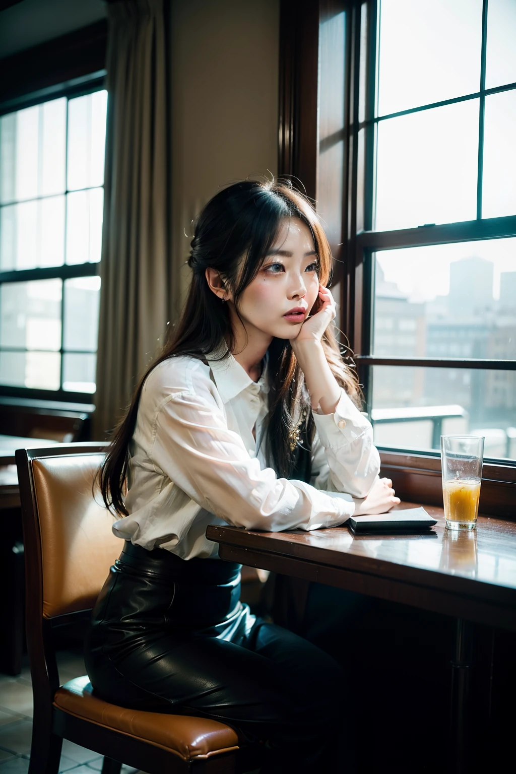 (Documentary style, high definition)、(Asian woman:1.7)、(Sitting by a glass window:1.2)、(In a restaurant:1.3)、(Caught off-guard:1.5)、(Cinematic film tone:1.4)、
A documentary-style photograph, captured in high definition, depicts an Asian woman sitting by a glass window in a restaurant. Her expression is one of surprise or unexpectedness, adding to the candidness of the moment. The cinematic film tone adds depth and texture to the image, making it feel as if it has been taken straight from a movie set.