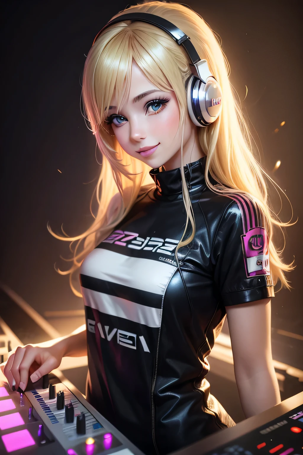 blonde dj girl, Mix music, light effect, beauty, smile.