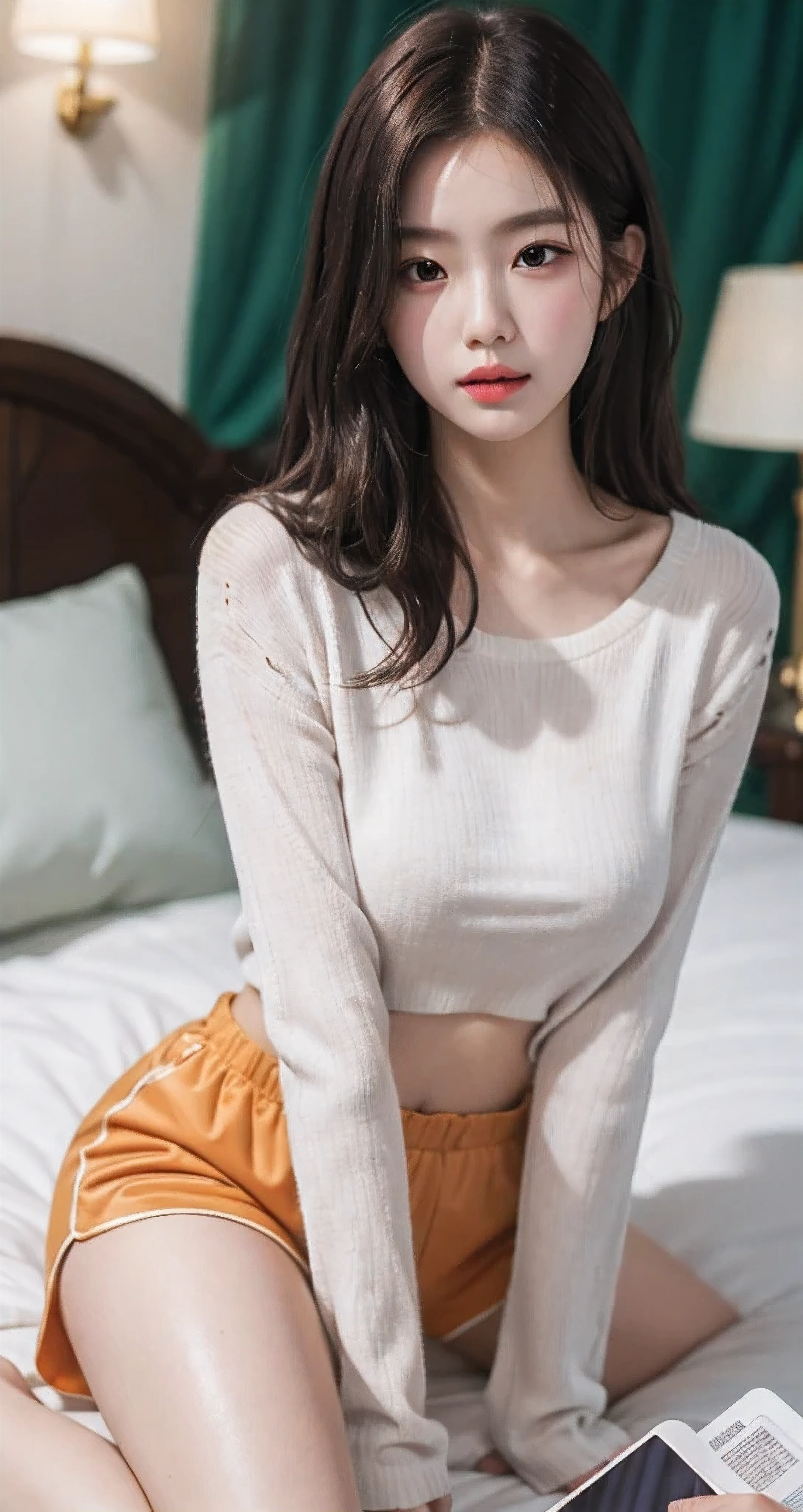 Best Quality Detail:1.2, realisitic, 8K UHD, hight resolution, 1girl in:1.2, The ultra-detailliert, High quality textures, intricate detailes, detaileds, Very detailed CG, High quality shadows, Detail Beautiful delicate face, Detail Beautiful delicate eyes, depth of fields, Ray traching, masterpiece, best quality,ulzzang -6500-v1.1:0.6, pureerosface_v1, Pretty korean Girl, Korean Urzan Face:1.1, milf, 28 year old woman,short neon orange hair,shiny_skin,thin_waist,gigantic breasts,wearing orange pajamas with black polkadots, 4K, 8K UHD Full Color RAW Photos, Fuji Film(Medium format:1.2), Hasselblad:1.2, Carl zeiss:1.1, Incredible dynamic range photography(UTIL_Art by Smoose-768:1.1), hight resolution, High pixel count, clear details, crisp image, Natural color reproduction, Noise Reduction, High fidelity, qulity, Software Improvements, Upscaling, Optimized algorithms, Pro-level retouching,crowd:1.1,depth of field,looking at viewer,random pose sitting at the she room background,random sexy pose sitting at the bed