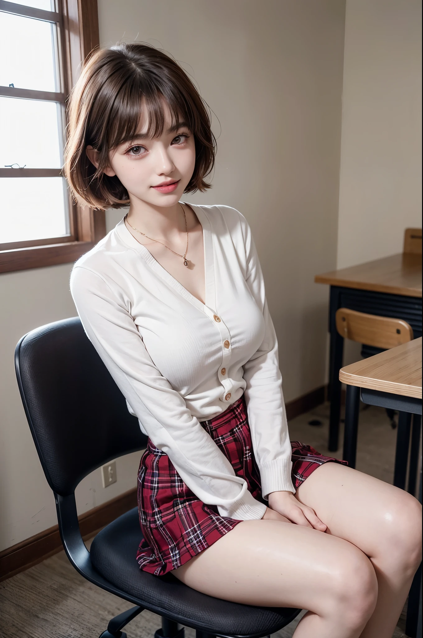 (open legs:1.5)、((No makeup、looking at camera:1.2))、(realistic、Photoreal、super detailed、best detailed skins、highest quality、masterpiece、Super high resolution)、cute japanese woman、、high school girl、young girl、1 girl、have bangs、double eyelid、purity、double teeth、realistic肌タイプ、fluffy hair、red cheeks、the wind is blowing、school uniform shirt、cardigan、(tie)、plaid skirt、light brown hair、Bright school classroom、machine、Chair、bright atmosphere、8K RAW photo、High resolution、(big round breasts:1.2)、beautiful eyes、detailed eyes、drawn in detail、long eyelashes、美しいdouble eyelid、duck mouth、evil smile、evil look、beautiful and very thin legs、Beautiful and very thin thighs,simple necklace、(I can see my crotch:1.2)、(I can see my pants:1.2)、extremely short skirts、spreading her legs for the camera、cute smile、random short hair