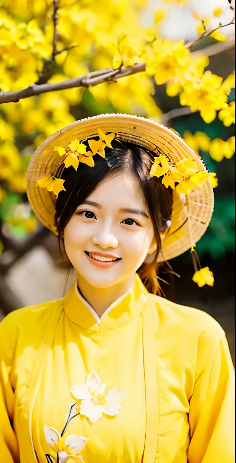 1 girls in Vietnamese in yellow longdress, 22 years old, masterpiece, best quality, realistic, cinematic,
(yellow apricot blossom, (potted flowers:0.8), flowers, falling petals, tree branch), flower in hair, posing in garden,