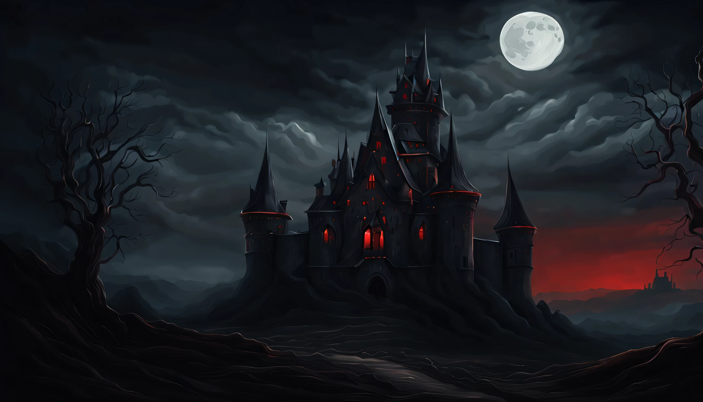The work is a dark oil painting on canvas.., size 90x120 cm.. The style will be Gothic surrealism.., characterized by disturbing and surreal images.
This paint, Night and desert landscapes will be depicted.. An ancient, A dilapidated castle looms on the horizon, With sharp towers, going into the dark sky.. The moon will be in the crescent phase, casting a pale light on the castle.
Work details:
The shadows will be deep and ominous, creating a feeling of oppression.
in front of the castle, Red-Eyed, the dark-feathered raven will be depicted as a sign of bad omen.
The castle windows will emit dim light, identifying spectral contours within.
in the foreground, A dense and gloomy forest will hide terrible secrets.
The workmanship will be at a high level.., with attention to detail, which enhances the feeling of horror and mystery.
This horror film is designed to convey the feeling of anxiety and fear characteristic of the genre..... A gloomy and mysterious atmosphere should envelop the observer.., Creating an Intense Experience