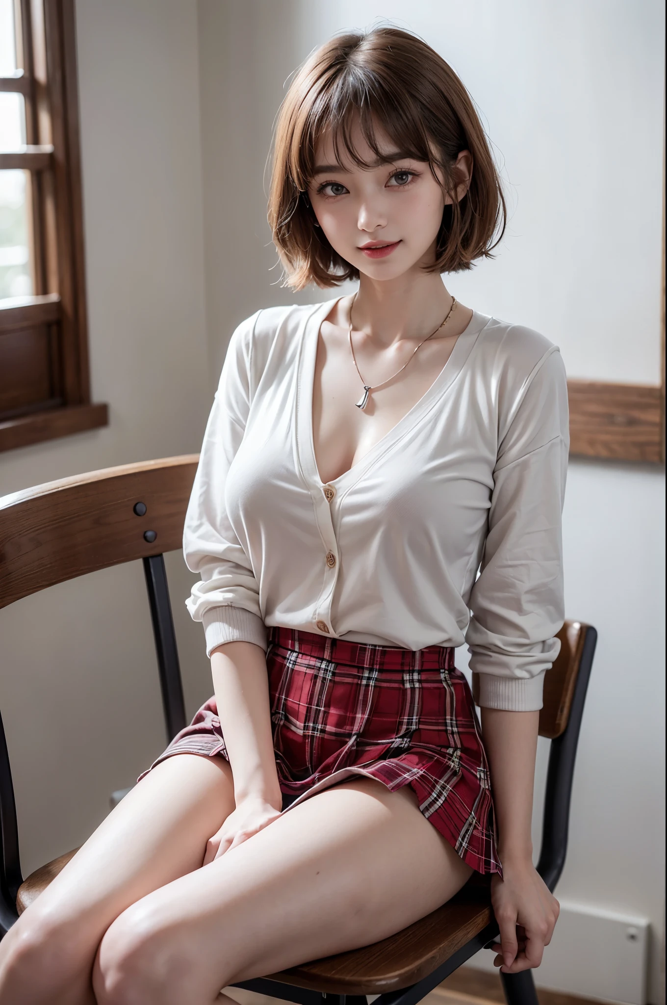 (open legs:1.5)、((No makeup、looking at camera:1.2))、(realistic、Photoreal、super detailed、best detailed skins、highest quality、masterpiece、Super high resolution)、cute japanese woman、、high school girl、young girl、1 girl、have bangs、double eyelid、purity、double teeth、realistic肌タイプ、fluffy hair、red cheeks、the wind is blowing、(school uniform shirt)、cardigan、(Ribbons for school uniforms)、plaid skirt、light brown hair、Bright school classroom、machine、Chair、bright atmosphere、8K RAW photo、High resolution、(big round breasts:1.2)、beautiful eyes、detailed eyes、drawn in detail、long eyelashes、美しいdouble eyelid、duck mouth、evil smile、evil look、beautiful and very thin legs、Beautiful and very thin thighs,simple necklace、(I can see my crotch:1.2)、(I can see my pants:1.2)、extremely short skirts、(spreading her legs for the camera)、cute smile、random short hair