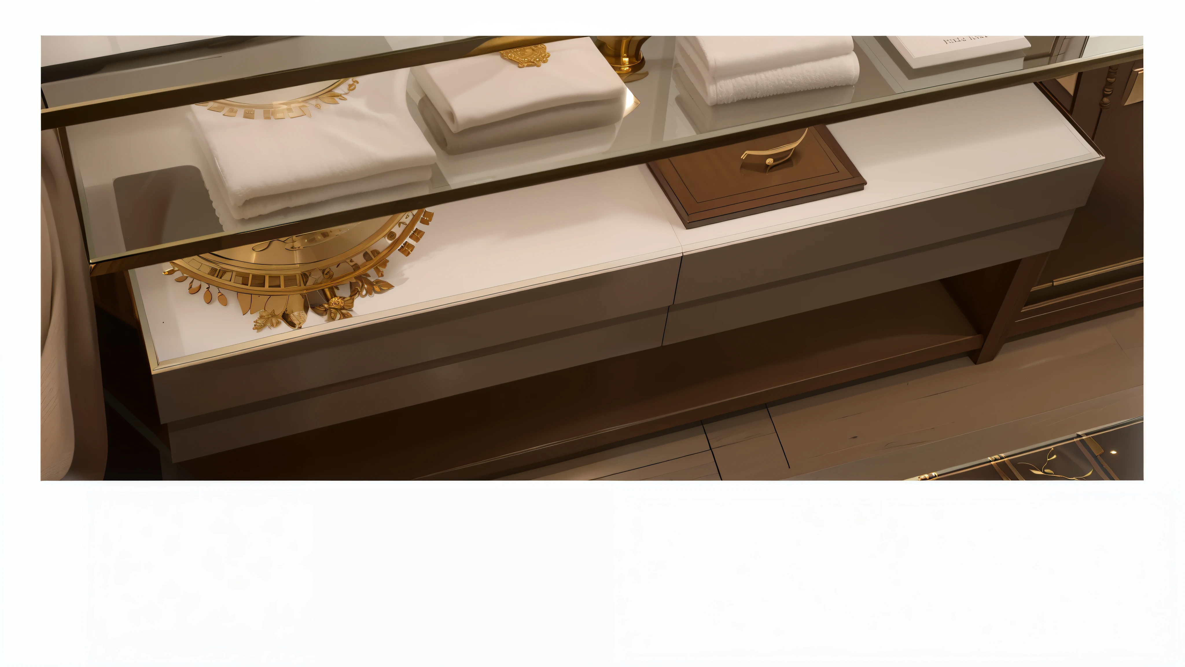 There is a glass table,There are towels and a mirror on it, Exquisite detailss, wood and gold details, luxury item exhibit, Gold and luxurious materials, Exquisite and delicate details, exhibit, collect, meticulous details, Exquisite details, modern details, [ normal, Featured collect, normal detail, Mirror and glass surfaces, elegant wardrobe, exhibit柜, heavy vignette!