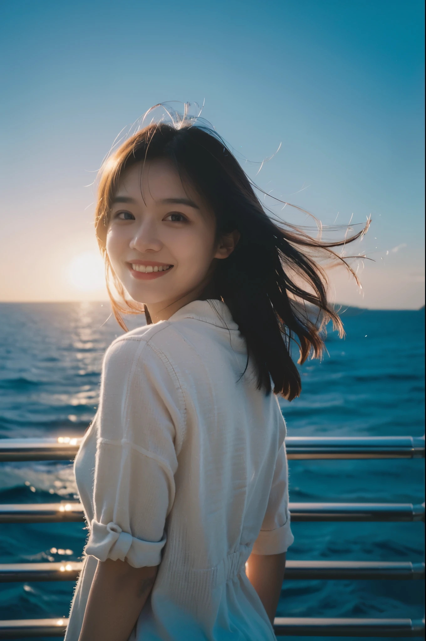 best quality,masterpiece,ultra high resolution,(authenticity:1.4),original photo,Cinema lighting,
1 girl,Smile,backlight,ocean,