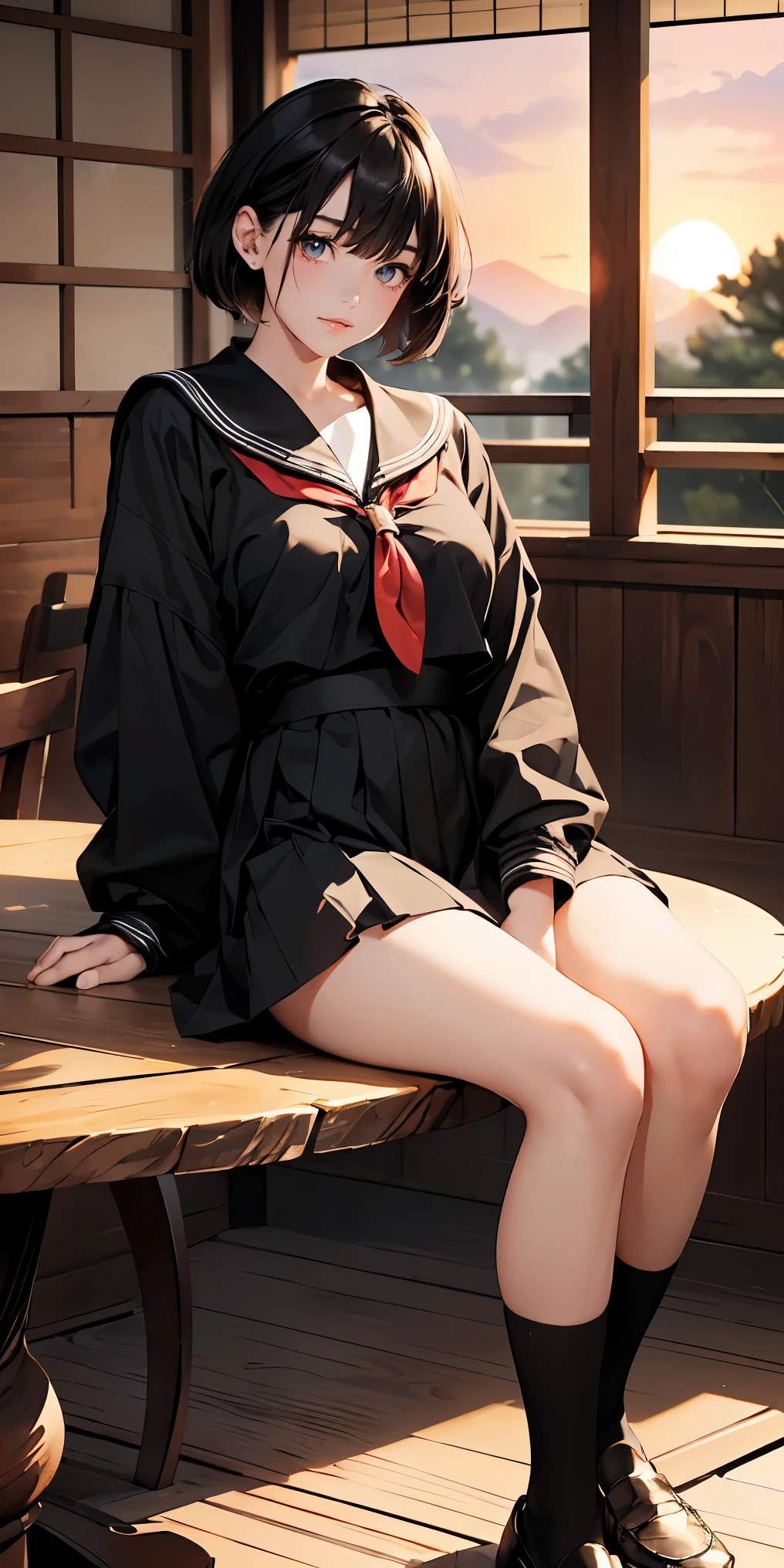 8K, masterpiece, highest quality, ultra high resolution, highest resolution, very detailed, professional lighting, orange light lighting、Backlight、Detailed CG、Low angle from the front、full body shot、Beautiful woman、beautiful eyes、(detailed face and iace:1 2)、narrow eyes、almond eye、brown eyes、gradation eye、highlight:1.2)、(beautiful black hair、long hair、asymmetrical bangs、(plump lips) 、(oval face : 1.4)、(thin fingered arms、detailed human hand)、(table top, highest quality:1.2), nostalgic、wooden warehouse、Scenery with Japanese wooden houses、sitting in veranda、ancient folk house、pine trees、plant、Beautiful Japan garden、The bright red sunset is beautiful、vapor、mist、white breath、full body pose、A girl who blends into the scenery、sitting in a chair、Beautiful woman, small face、white skin、very cute, 17 years old、(fine eyes、bright pupils、gradient eyes:1、細かく描かれたbeautiful eyes:1、symmetrical eyes:1、目の大きなhighlight:1.2)、thin hair、brown eyes)、Breasts are medium in size、(black brown hair、very short hair:1.4)、(black sailor suit、serafuku:1.4)、thin and long legs、beautiful hip line、beautiful spine、constricted back、tight waist、JK black skirt 、pleated skirt、Hip line emphasis、black socks、black stockings、brown eyes,face is a little red, beautiful breasts、Breasts are A cup、shoes are loafers、long hairの枝毛) 、(round face: 1.4)、gentle smile、open your mouth、teeth visible、black knee high socks