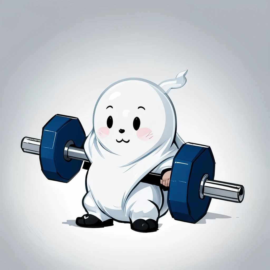cute little ghost,strong,cartoon,exercise,Lift weights,bright colors,High quality