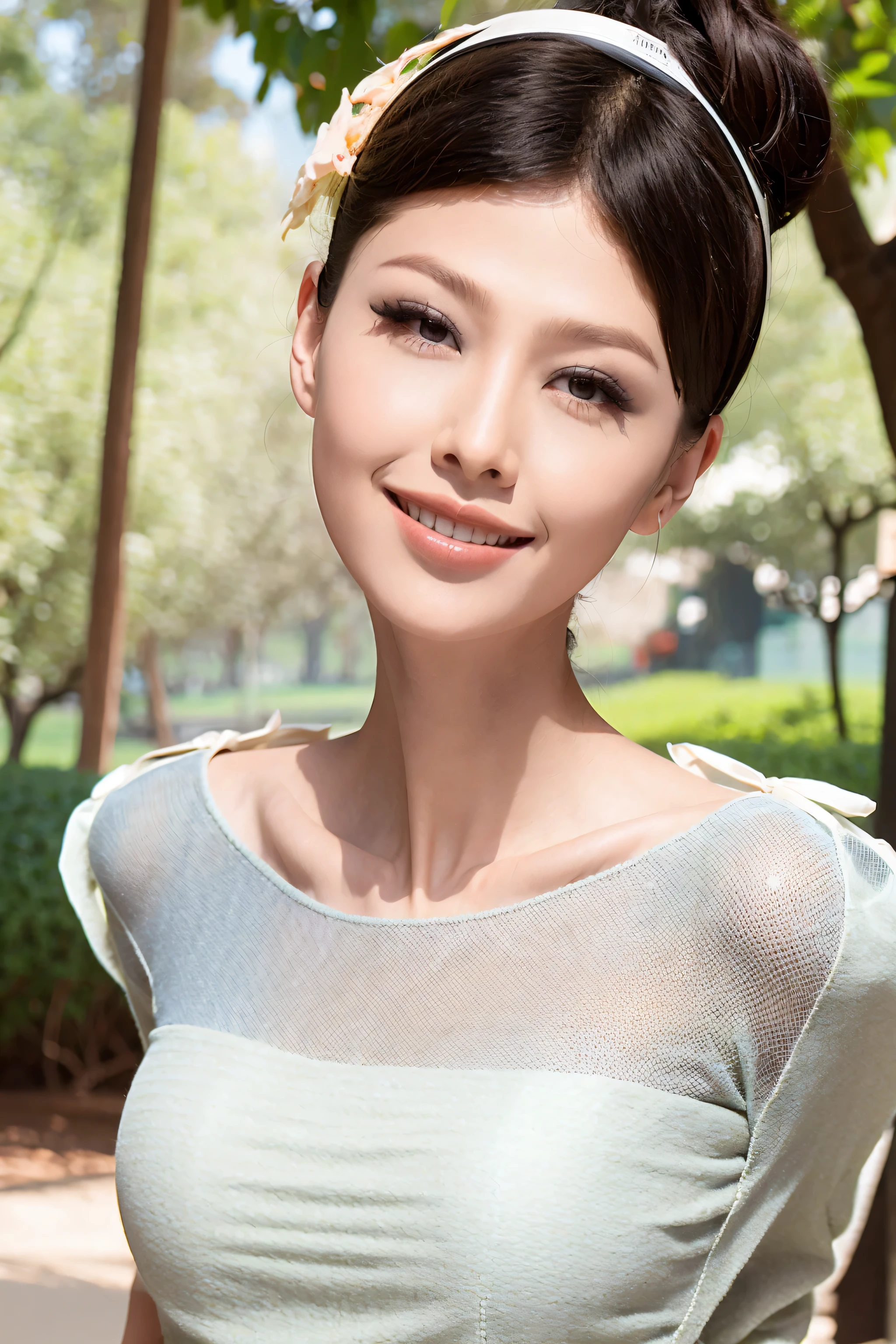 Fashion model 20 years old [[[[close up]]]], [[[[neck]]]], [[[[Shoulder]]]], perfect eyes, perfect iris，perfect lips，perfect teeth，perfect skin，White skin，Soft headlight，High density imaging review，long face，slender nose，long black hair，（Face is clear and delicate），white casual wear，((whole body image))，The background is outdoor，green trees and grass，best quality，masterpiece，（pastel colors：1.2）