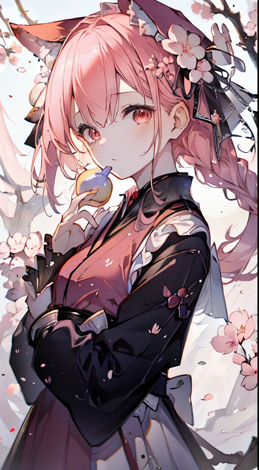 masterpiece，Cherry blossom season, Biting lemon, Eyes looking at the fleeting world, Girl, Red eyes, Pink, Traditional Asian dress.