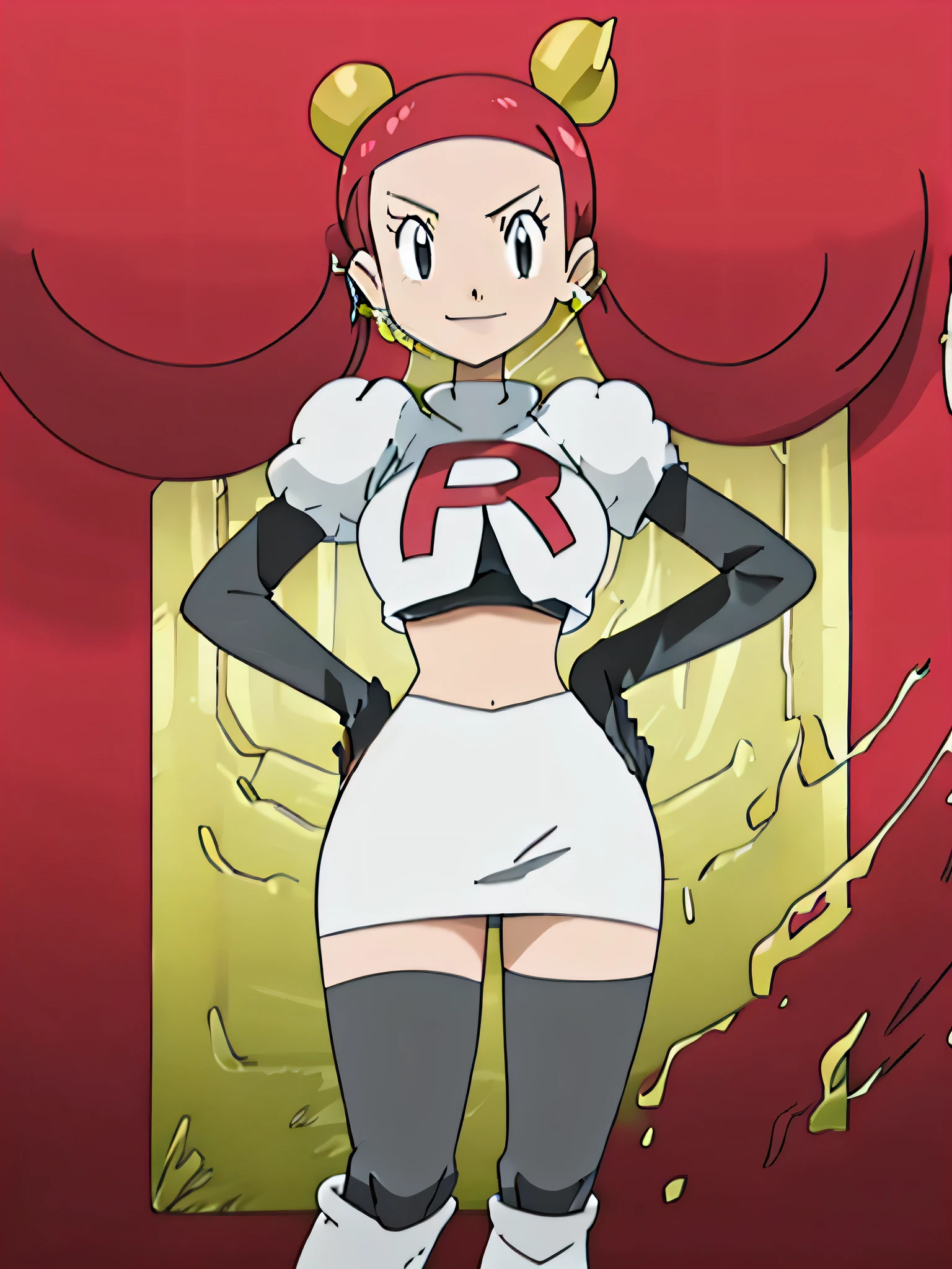 8k, anime screencap,1girl in, (solo:1.1), (perfect body:1.1), (best quality:1.1), very large breast, team rocket uniform, red letter r, white skirt,white crop top,black thigh-high boots, black elbow gloves, evil smile, looking down at viewer, hands on hips,zettai ryouiki, cowboy shot
