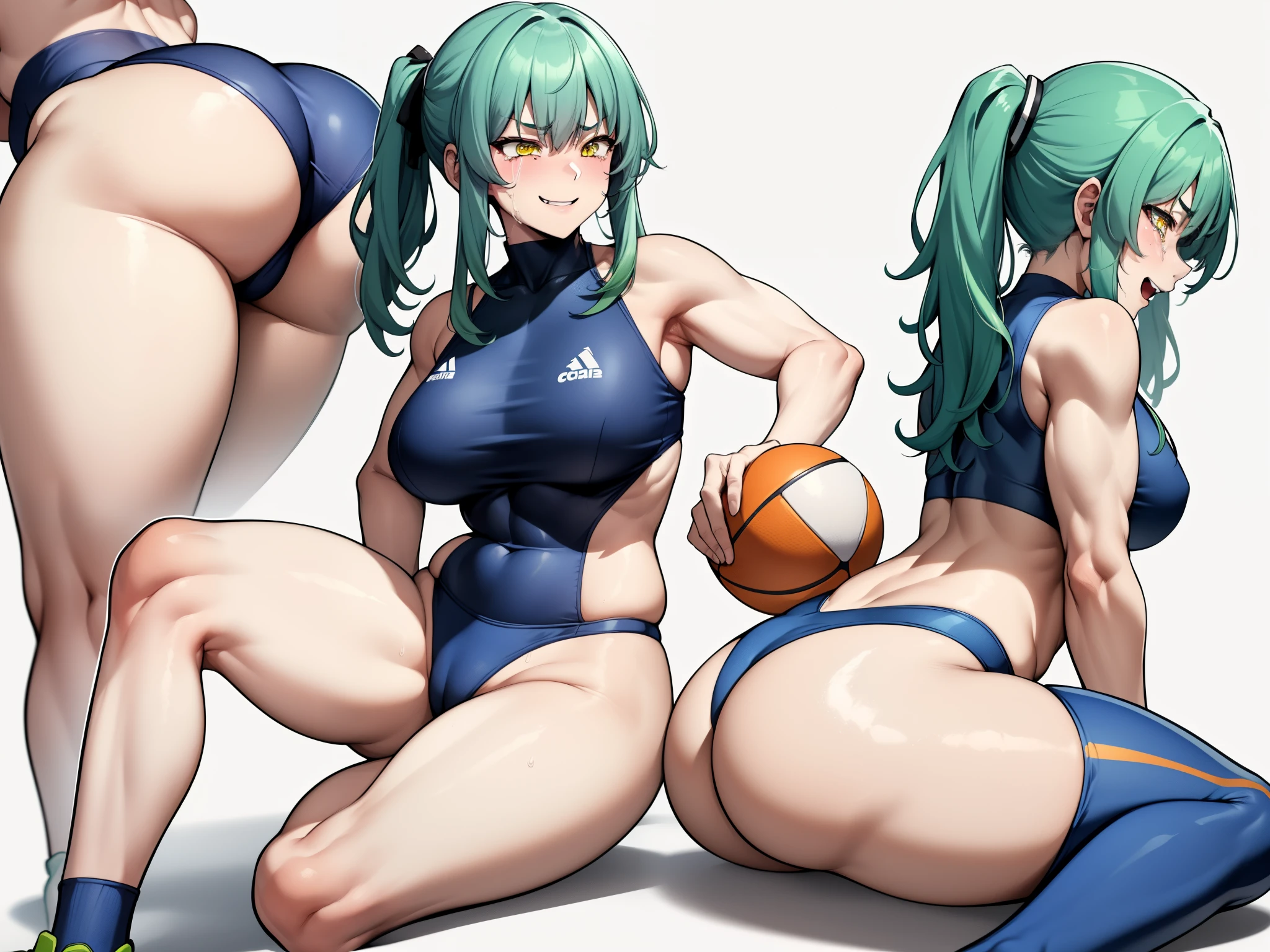 Human girl, long green hair, yellow eyes, athletic body, long muscular legs, tight sports outfit, sexy, hd, 8k, masterpiece, full body, white background, character design in various perspectives, front, back, profile, smiling, crying, angry