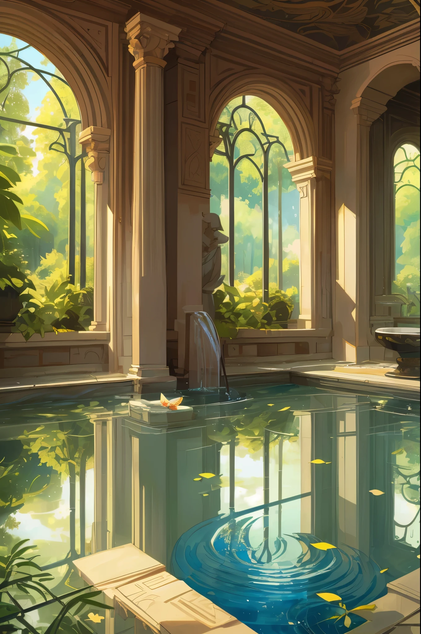 High-quality illustrations by John William Waterhouse, by Johannes Vermeer, wallpaper, summer, lake, dawn, forest, detailed forest, clouds, masterpiece, cinematic, soft light, depth of field, ray tracing, reflection in water, realism, ultra detailed, nymph, fairy, Mysterious and romantic atmosphere, luxurious embellishments, intricate details, (surrounded cistern, transparent aquarium, caustics surface)(reflecting, refraction, polarization:1.2)(highly detailed beautiful face and eyes)absurdres, perfect anatomy(handsome 1boy, kemono, solo focus)(furry)(furry anthro:1.7)(Furry body, dog facial features, dog body features)(very detailed body fur)fragility, reflections in mirrors and water surfaces, realistic visual effects, soft and delicate color palette, dramatic composition,
