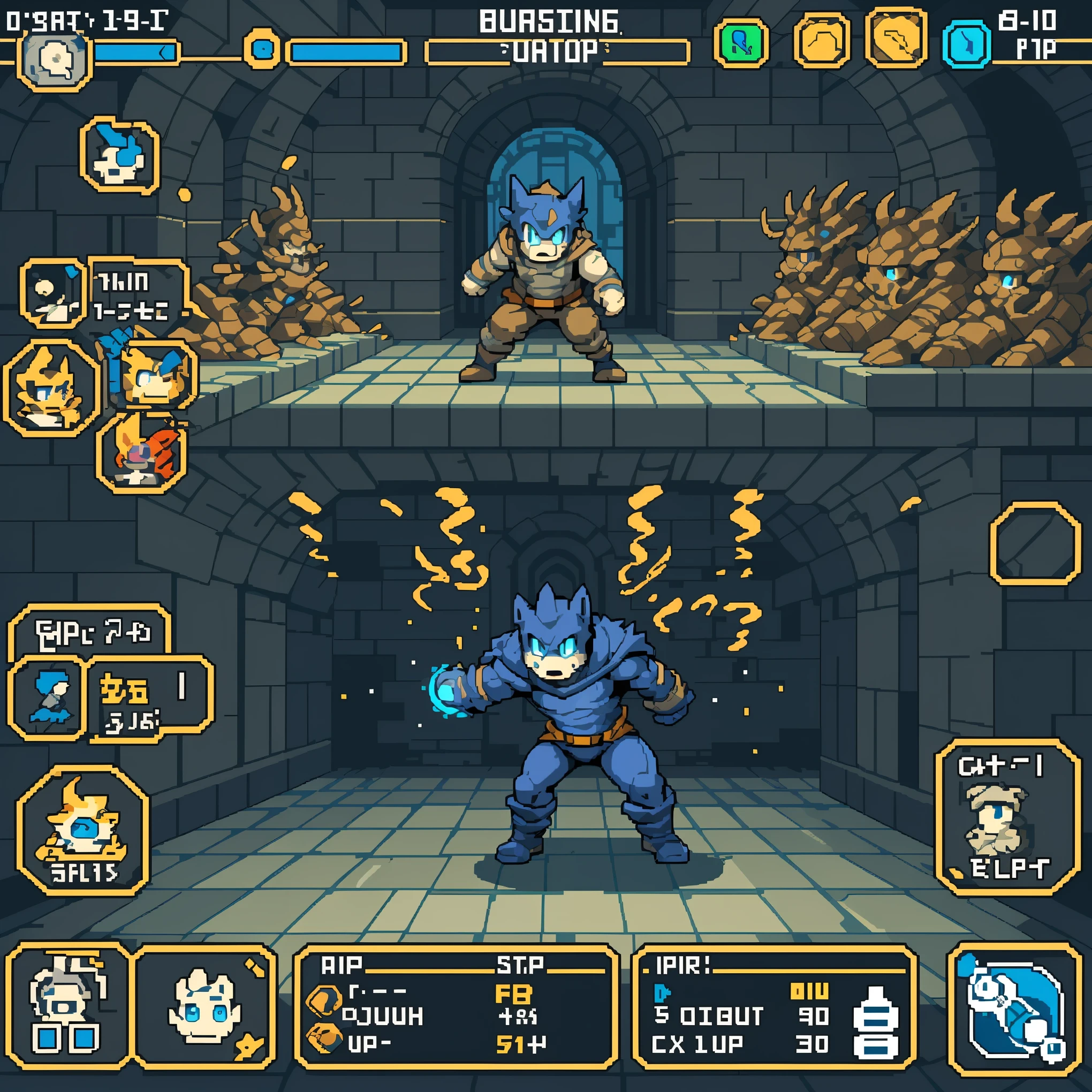 highres, absurdres(highly detailed beautiful face and eyes)perfect anatomy(kemono, furry anthro)(super handsome boy, solo, single)good lighting, cinematic shadow, detailed background, User Interface of Action game, dots game, pixel art, dungeon, Crisis, assorted poses, assorted expression, full body, sound effects, motion blur,