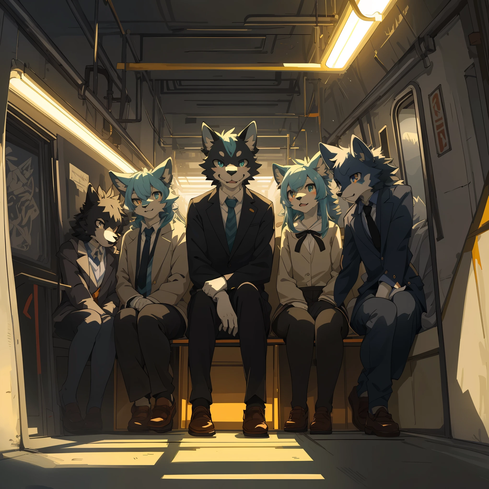 top quality, best quality, High-quality illustrations, masterpiece, super high resolution, detailed background, In the tunnel, train interior, salary, suits, student, standing, sitting, 6+boys, 6+girls, absurdres(highly detailed beautiful face and eyes)perfect anatomy, expression, good lighting, cinematic shadow(kemono, furry anthro)assorted poses, dynamic angle,