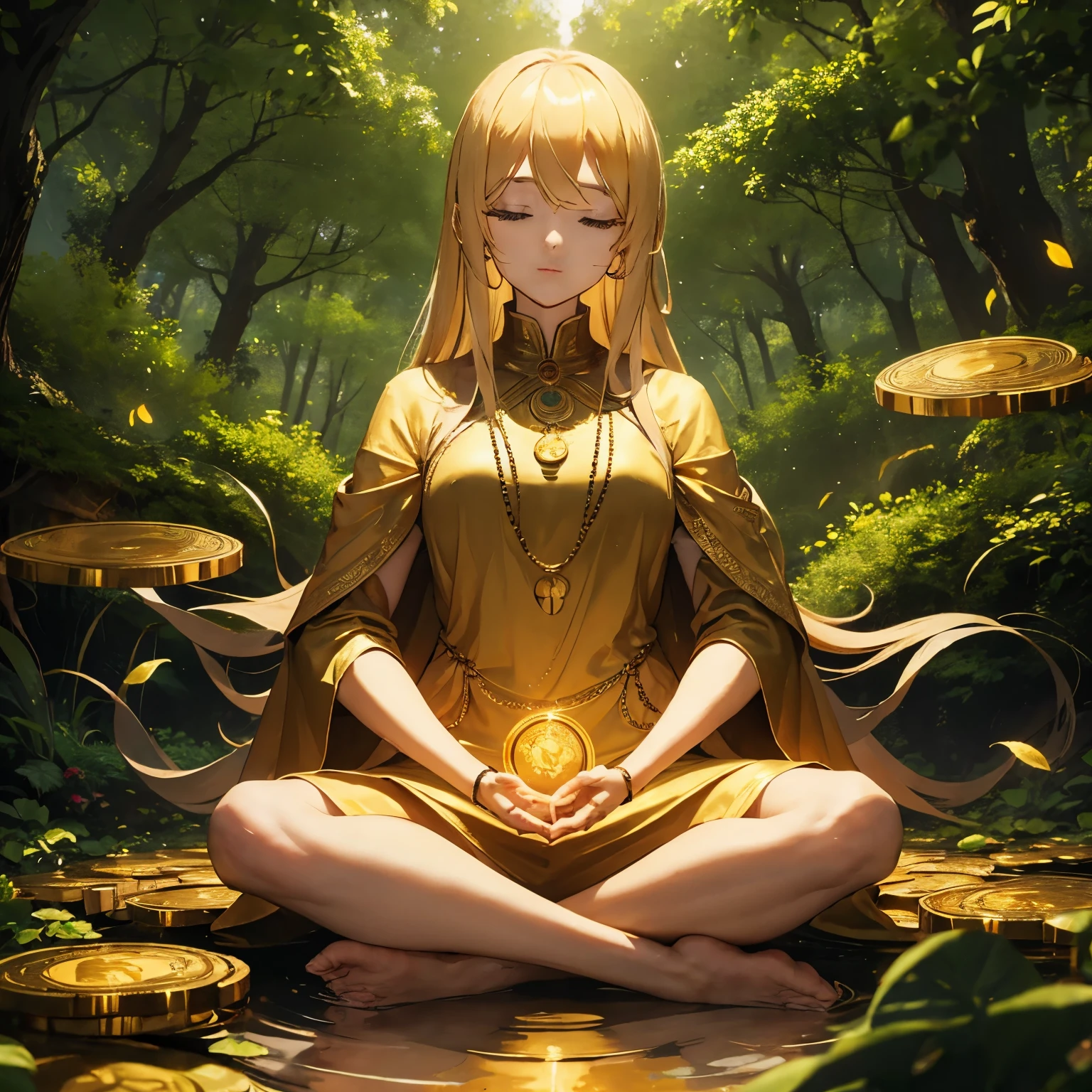 A golden woman meditating in the midst of a forest surrounded by gold and showered with bitcoins.