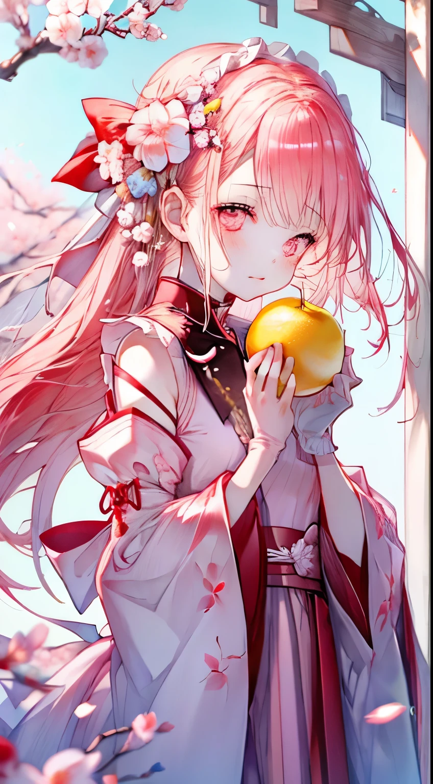 Cherry blossom season, Biting yellow lemon, Eyes looking at the fleeting world, Girl, Red eyes, Pink, Traditional Asian dress.