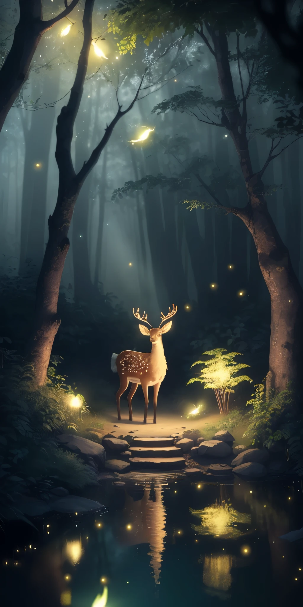Masterpiece, best quality, (very detailed CG unity 8k wallpaper), (best quality), (best illustration), (best shadows), glow sprite, with a glowing deer, in the swimming pool Drinking water, natural elements in the forest theme. Mysterious forest, beautiful forest, nature, surrounded by flowers, delicate leaves and branches surrounded by fireflies (natural elements), (jungle theme), (leaves), (twigs), (fireflies), (particle effects) etc. 3D , Octane rendering, ray tracing, super detailed --v6