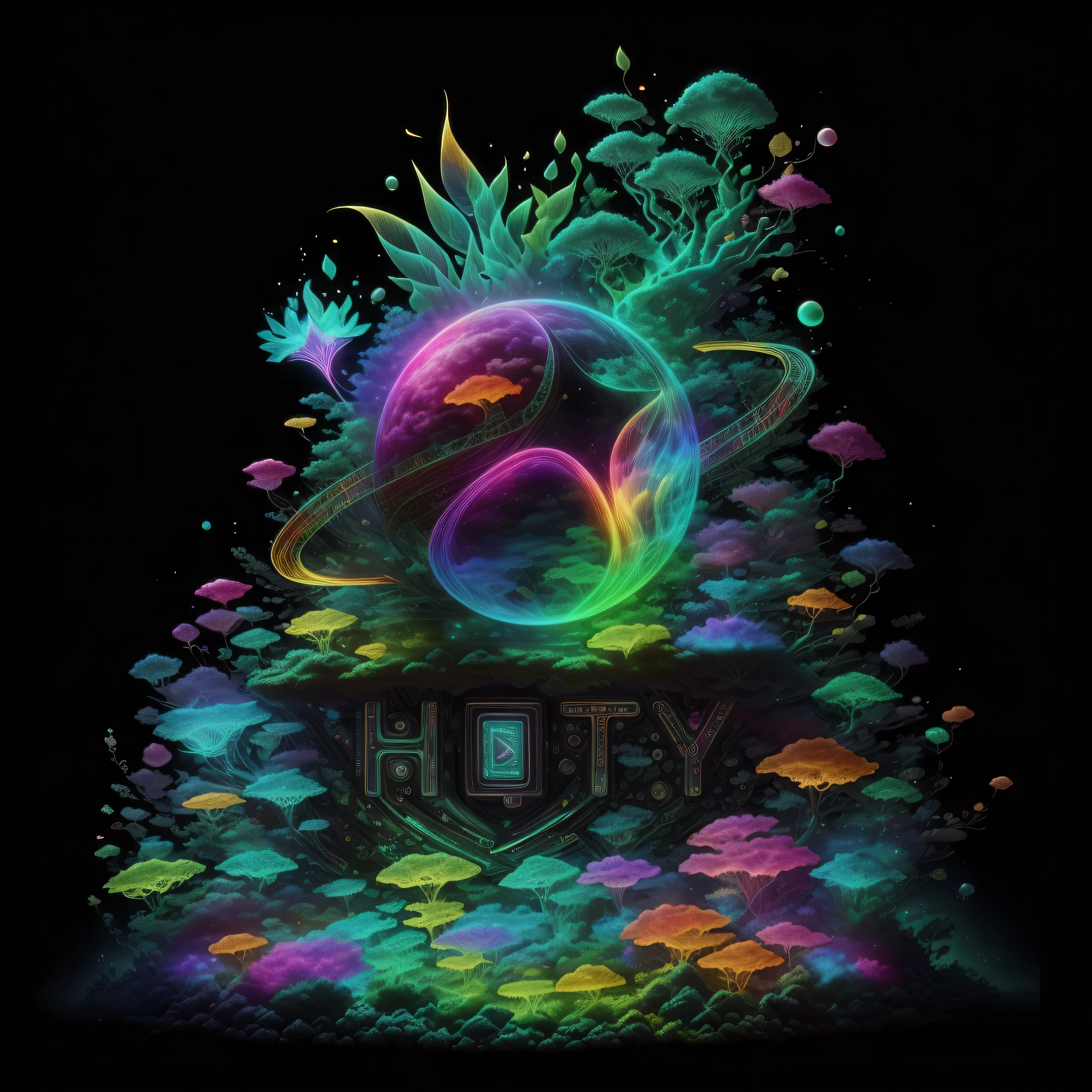 A [theme] in the form of the harf [this], Full of energy、Expressive multi-color, Mind universe full color art, 3D, Very detailed, Studio product photography lighting, Photo taken by Nikon One「Purpose」，harf「this」form，Full of energy的表现力多色，Psy Universe Full Color Art，3D，令人难以置harf的详细，Studio product photography lighting，photo taken by nikon。A tiny enchanted forest in the form of the harf U，More vivid expression - color，Psy Universe Full Color Art，3D，令人难以置harf的详细，Studio product photography lighting，photo taken by nikon。
