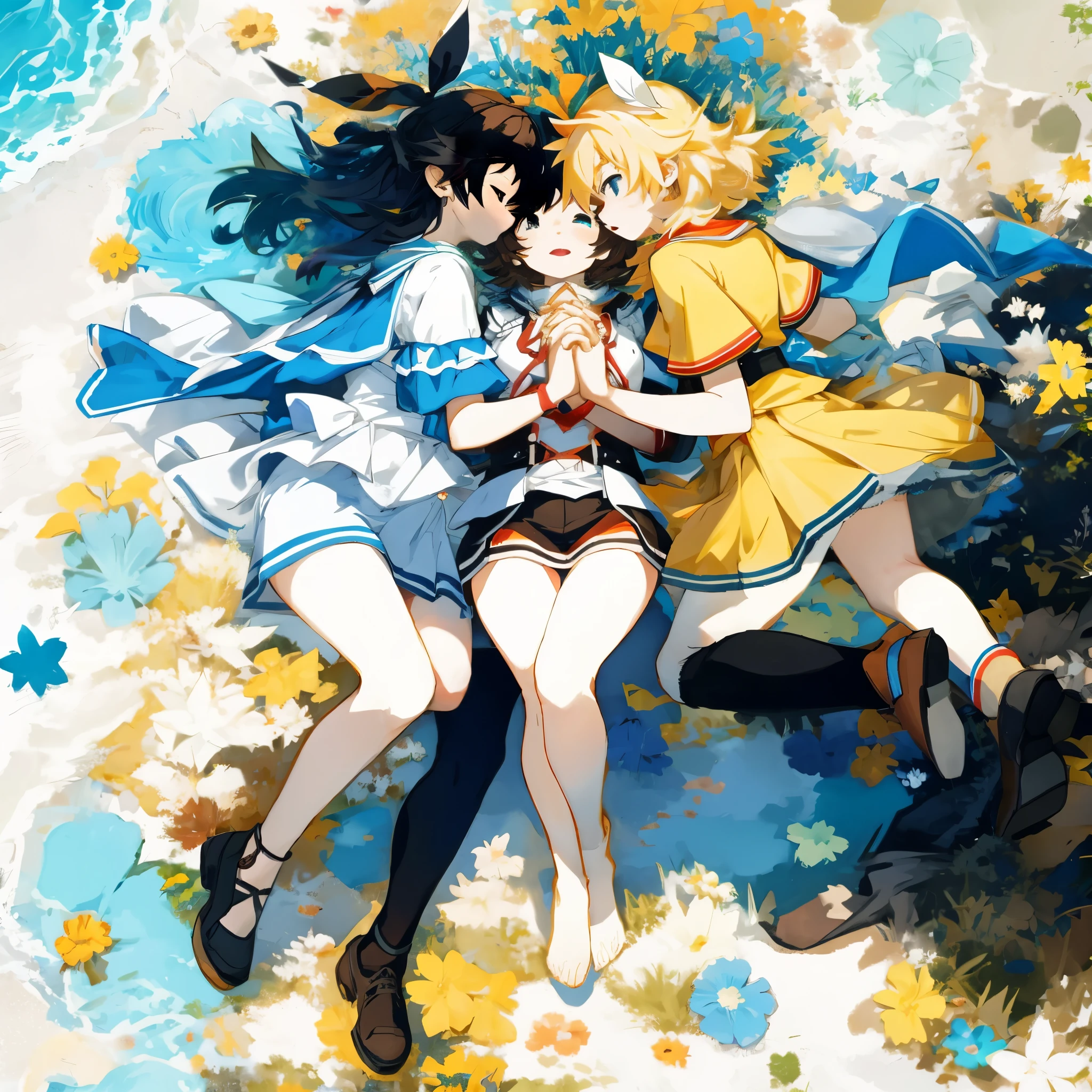 circle composition, threesome, holding hands, from above,