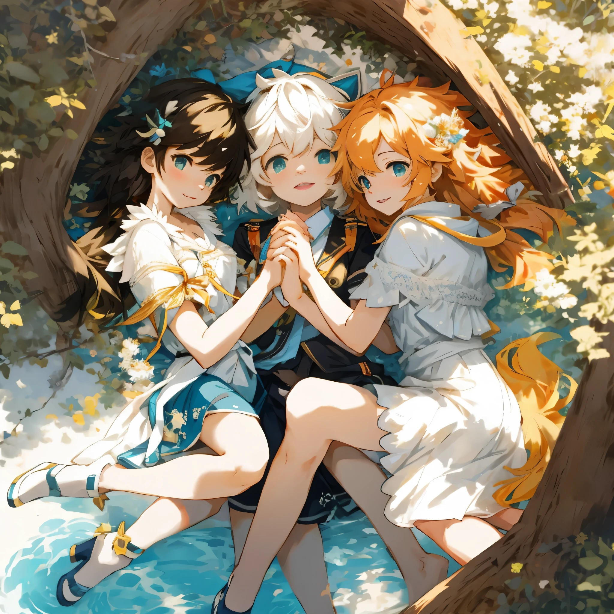 circle composition, threesome, holding hands, from above,