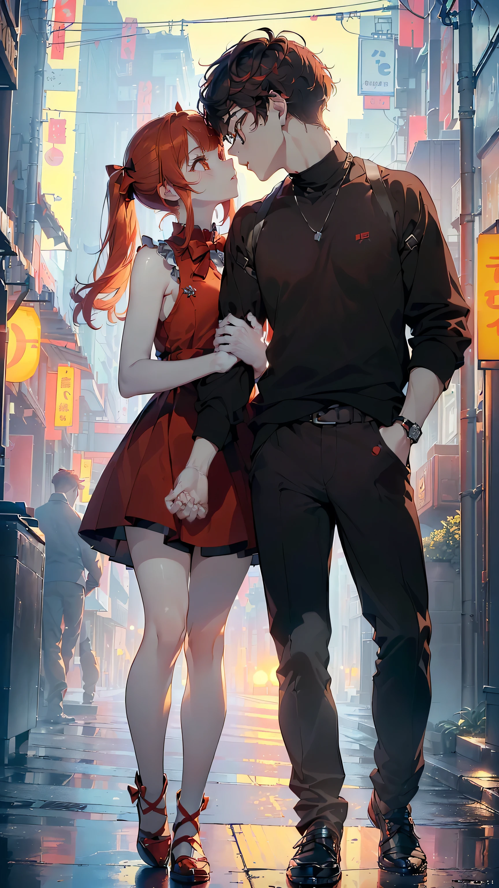 ((Calidad superior, ultra detallado, high resolution, CG extremadamente detallado, fondo de pantalla de unidad 8k, por artista famoso, perfect anatomy, super detailed skin, cinematic lighting, HD, retina, anatomically correct, 1080P)), ((Please draw a couple in love of a girl and a boy on a lovely date., besar:1.3), ((una chica con un chico)), ((Girl details: rostro,13歳:3.0, girl&#39;s height: 152 cm, She is small, corto, she is very corto, Too small, un adolescente muy joven de 13歳, Tiene el cuerpo de una adolescente inmadura de secundaria de 13歳., very small breasts, Androgynous Amulet, Cuerpo , brazos y piernas delgados, Muy flaca. cabello rojo, flequillo recto, hair bows, coletas. chica pelirroja. Golden-yellow-amber ojos perfectos. Ella es dulce, bidding, adorable, lindo, hermoso, kawaii y ulzzang. She is dressed in a Japanese fashion pampered and moe dress.. brazos desnudos, hombros y piernas)) ((solo la chica tiene el pelo rojo)) ((Child details: rostro, 17-year-old:2.0, amamiya ren:2.0, &#39;s height: 172cm, black brown hair boy, Chico alto, hombre maduro, Athletic, varonil, masculino, elegante, Chico maduro, un estudiante de secundaria, boy with dark brown hair, masculino, varonil, Small rear, hermoso detailed full dark brown eyes,  with glasses, ojos perfectos, ropa juvenil elegante hombre, pantalones negros, el chico es mas maduro, Chico maduro)) (Detailed lighting), (antecedentes detallados), ((Romantic date at night walking through the streets of Tokyo)), Toma de cuerpo completo, ((perfecciona cada 5 dedos, Extremidades completas, dedos completos, Dedos perfectos, brazos perfectos)) ((un hombre y una mujer)) ((beso romantico)) ((the girl is much smaller than the boy)) ((couple of a girl and a boy)) ((besar)) ((el chico es muy alto, the girl is very corto))