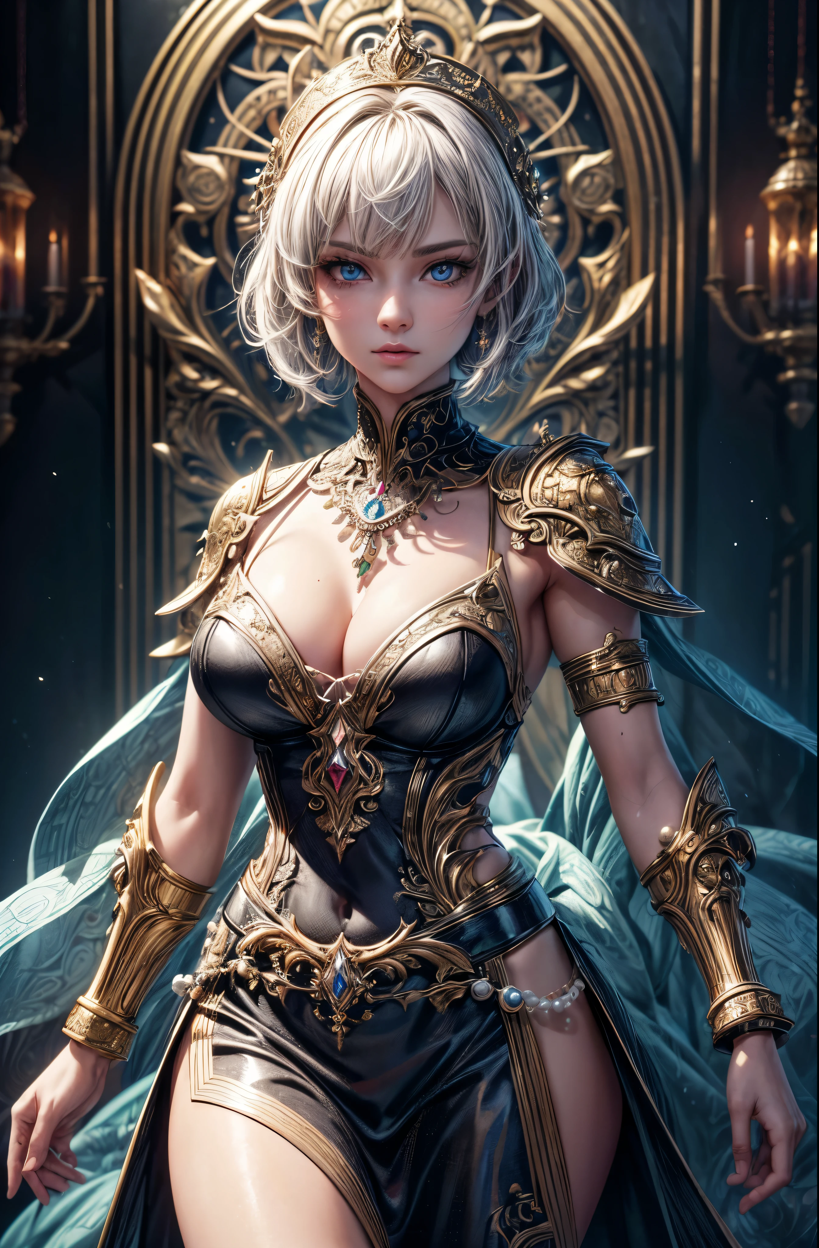 ((Best quality)), ((masterpiece)), ((highly intricate details)),beautiful, high quality, highres, absurdres, light difussion, intricate details, complex details, ((anime)), (anime:1.2) , (perfect face:1.3), extreme detailed eyes, colorful, highest detailed, vibrant colors, high contrast, (8K UHD:1.2), (photorealistic:1.2),(masterpiece:1.4), (best quality:1.4), realistic,medium breast.masterpiece, high quality, 3d, 8k cg, intricate details, detailed background, sacred. ornaments, byDylanKowalski, ((1girl)), upper body, muscular, skindentation, looking to the side, short hair, prosthesis, mechanical arms, synthetic skin, porcelain, pearl, holographic, titanium, diamond, ruby, sapphire, gemstones, clockwork, grunge, worn edges, armor,