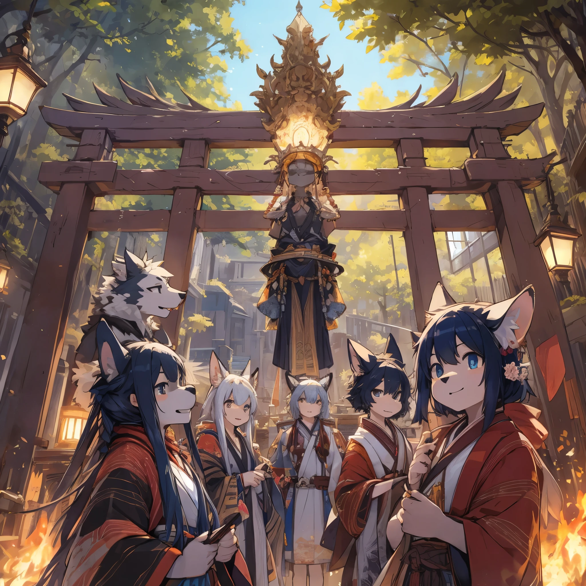 dynamic angle, top quality, best quality, High-quality illustrations, masterpiece, super high resolution, detailed background, detailed background, Stylish CD jacket, Japanese rock band, torii gate, group shot:0.1, 6+boys, 6+girls, Happy, joyful, absurdres(highly detailed beautiful face and eyes)perfect anatomy(kemono, furry anthro),