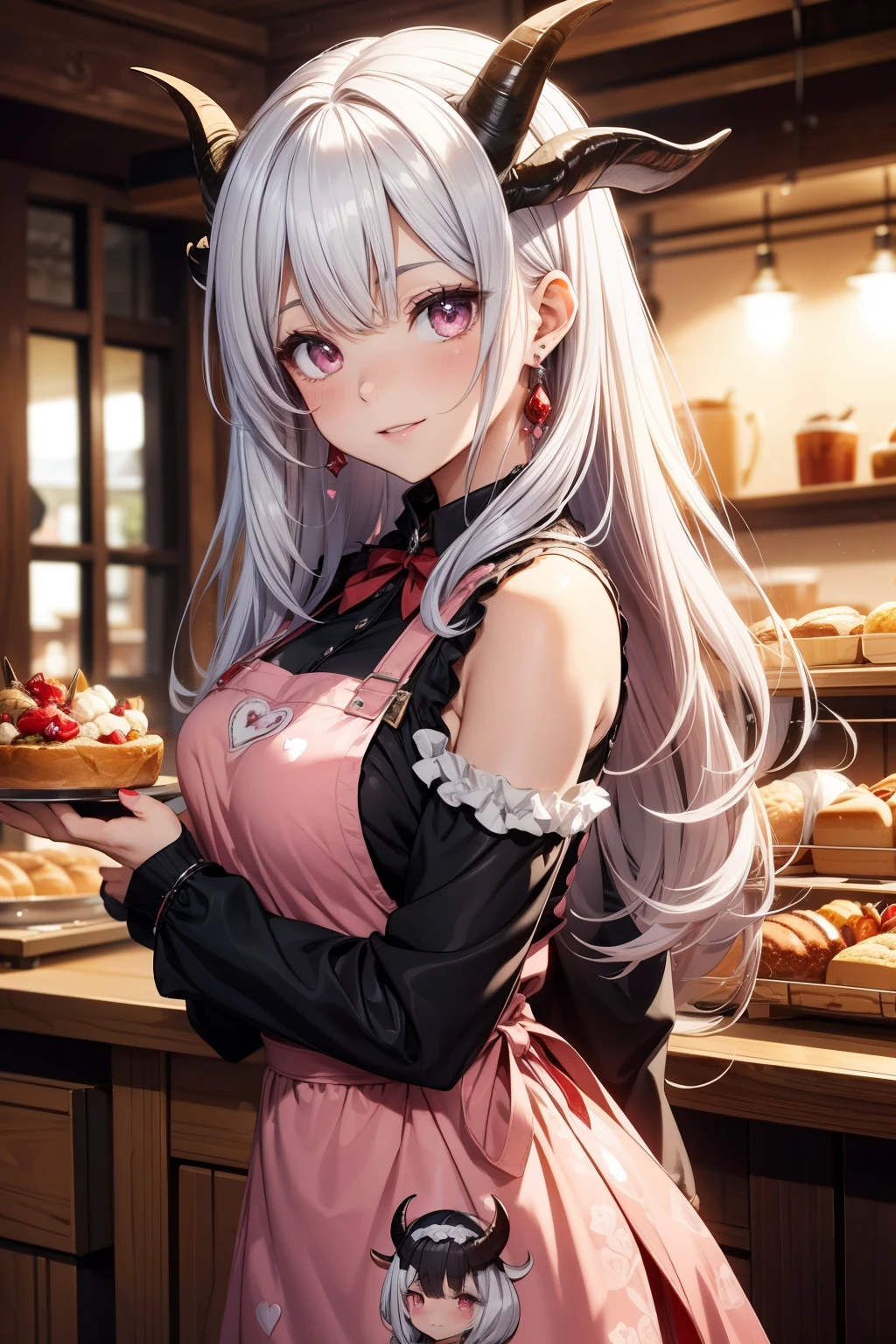 (16K), (best quality:1.2), (insanely detailed:1.2), ((anime style)), (illustration:1.2), (concept art:1.2), (texture:0.5),
(detailed beautiful woman:1.1), (goat satan horns:1.4), (bat wings on her back), (red or silver hair:1.3), (deep pink eyes), bangs, hair between eyes,
BREAK Sweetheart Bakery Apron Ensemble,
BREAK Heart-Printed Apron, Choose a cute apron adorned with heart prints, setting the Valentine's Day theme for a bakery-inspired look,
BREAK A-Line Dress, Pair the apron with a stylish A-line dress, creating a charming and feminine silhouette,
Heart-Shaped Accessories, Accessorize with heart-shaped earrings or a pendant, adding delightful touches to complement the Valentine's Day theme,
BREAK shiny silver curls cascading around her shoulders, a wickedly elegant hairstyle with twisted horns emerging from the tresses, eyes of captivating ruby gleaming with otherworldly allure, a mischievous yet enchanting smile playing on her lips, seductive posture, from slightly below, angled shot,
BREAK
(masterpiece background), (sense of depth), (depth of field), bakery, cowboy shot, looking at viewer,