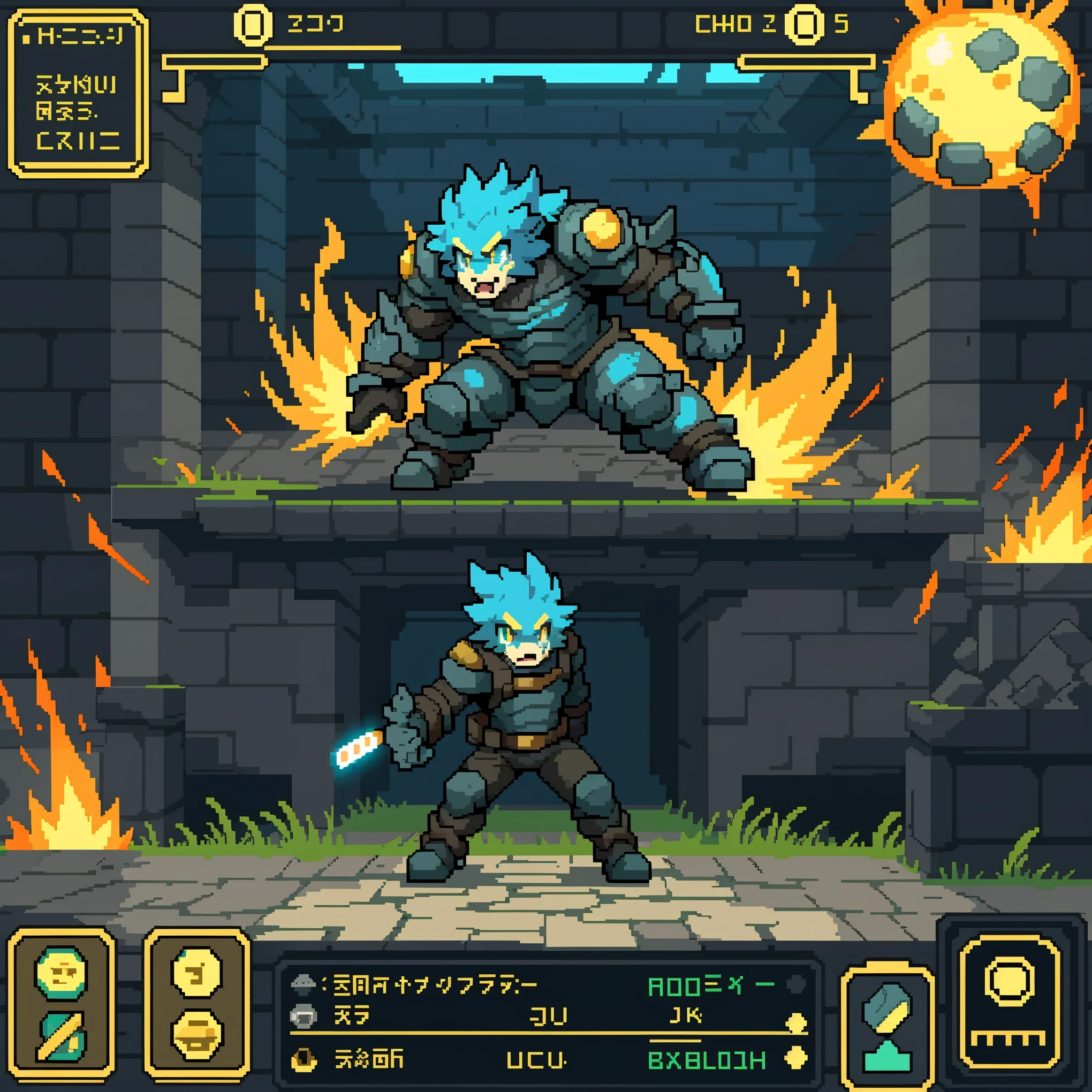 highres, absurdres(highly detailed beautiful face and eyes)perfect anatomy(kemono, furry anthro)(super handsome boy, solo, single)good lighting, cinematic shadow, detailed background, User Interface of Action game, dots game, pixel art, dungeon, Crisis, assorted poses, assorted expression, full body, sound effects, motion blur,