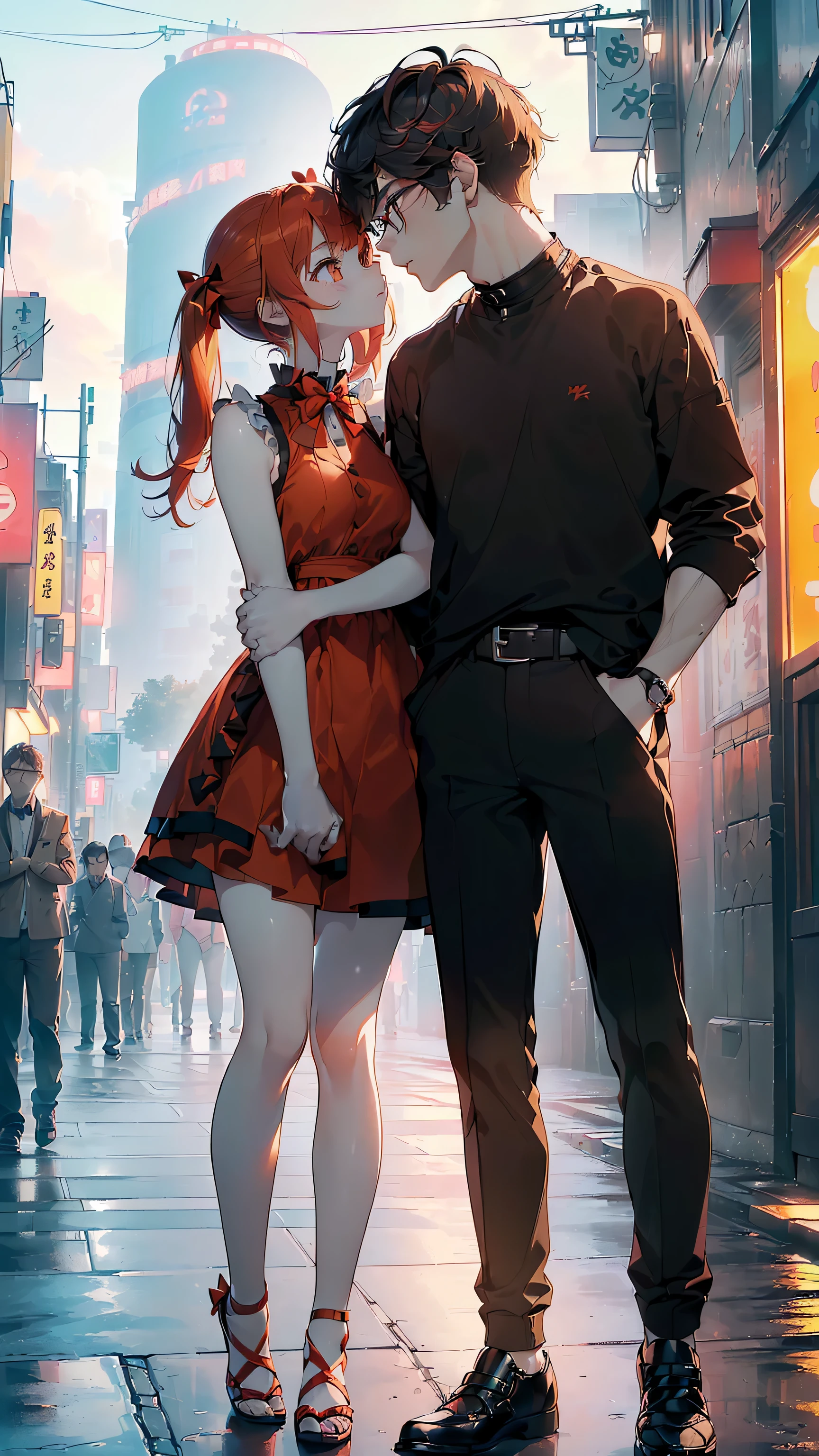 ((Calidad superior, ultra detallado, high resolution, CG extremadamente detallado, fondo de pantalla de unidad 8k, por artista famoso, perfect anatomy, super detailed skin, cinematic lighting, HD, retina, anatomically correct, 1080P)), ((Please draw a couple in love of a girl and a boy on a lovely date., besar:1.3), ((una chica con un chico)), ((Girl details: rostro,13歳:3.0, girl's height: 152 cm, She is small, corto, she is very corto, Too small, un adolescente muy joven de 13歳, Tiene el cuerpo de una adolescente inmadura de secundaria de 13歳., very small breasts, Androgynous Amulet, Cuerpo , brazos y piernas delgados, Muy flaca. cabello rojo, flequillo recto, hair bows, coletas. chica pelirroja. Golden-yellow-amber ojos perfectos. Ella es dulce, bidding, adorable, lindo, hermoso, kawaii y ulzzang. She is dressed in a Japanese fashion pampered and moe dress.. brazos desnudos, hombros y piernas)) ((solo la chica tiene el pelo rojo)) ((Child details: rostro, 17-year-old:2.0, amamiya ren:2.0, 's height: 172cm, black brown hair boy, Chico alto, hombre maduro, Athletic, varonil, masculino, elegante, Chico maduro, un estudiante de secundaria, boy with dark brown hair, masculino, varonil, Small rear, hermoso detailed full dark brown eyes, with glasses, ojos perfectos, ropa juvenil elegante hombre, pantalones negros, el chico es mas maduro, Chico maduro)) (Detailed lighting), (antecedentes detallados), ((Romantic date at night walking through the streets of Tokyo)), Toma de cuerpo completo, ((perfecciona cada 5 dedos, Extremidades completas, dedos completos, Dedos perfectos, brazos perfectos)) ((un hombre y una mujer)) ((beso romantico)) (((the girl is much smaller than the boy))) ((couple of a girl and a boy)) ((besar)) (((el chico es muy alto, the girl is very corto)))