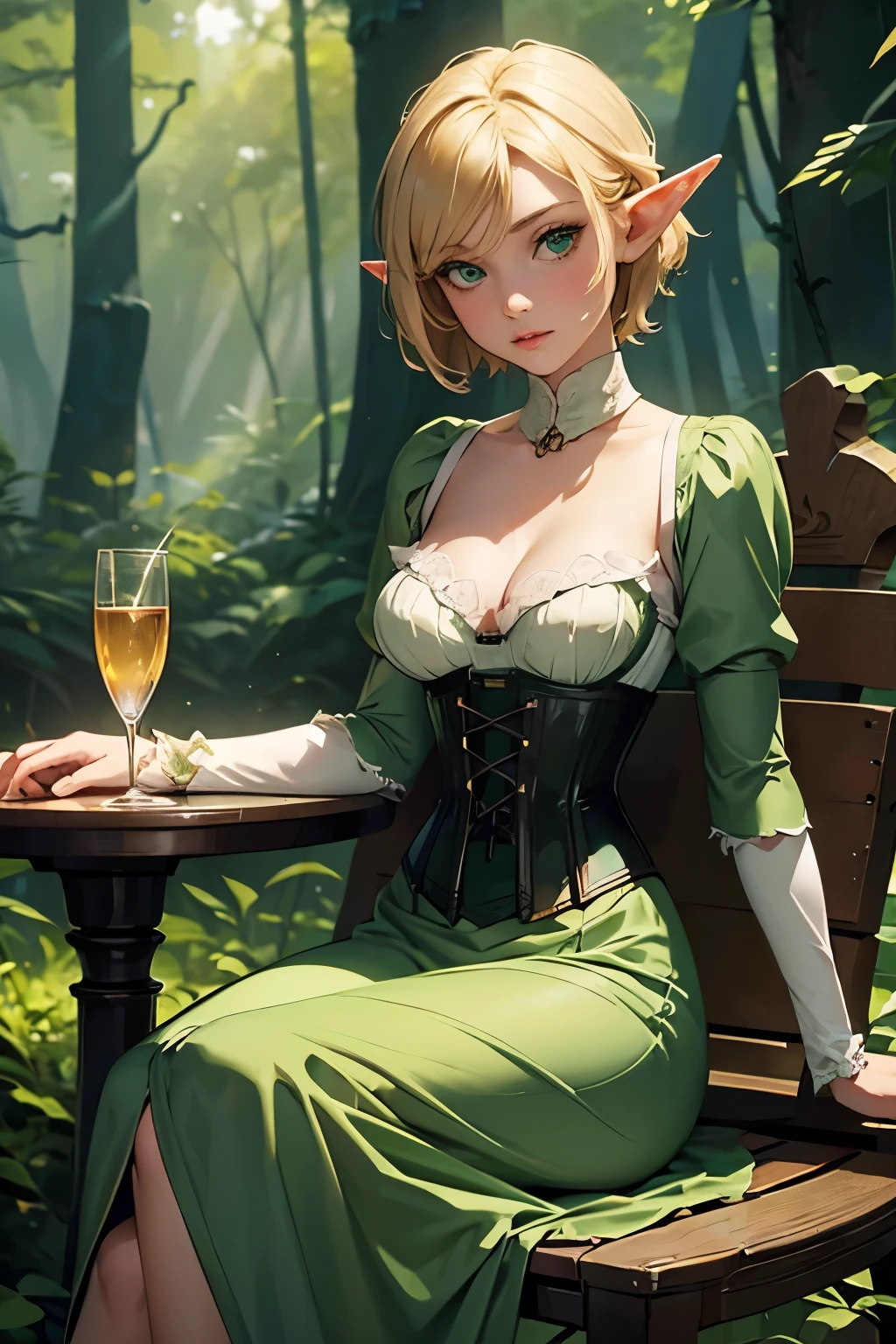 1Girl, Elf, Short blonde hair, beautiful, green eyes, hot, medium breasts, ((wearing a medieval dress, corset)), ((Sit down in a forest))