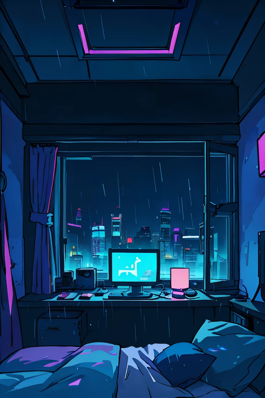 In the heart of the night, a captivating scene unfolds in a lofi style. A character, clad in cozy pajamas, lies in bed with headphones on, lost in the rhythm of the music playing from their worn-out speakers. The room around them is a reflection of a gamer's paradise, shrouded in a warm, dim glow. Neon lights from the monitors cast an ethereal lilac and cyan hue, transforming the space into a tranquil fortress.
A window, slightly ajar, offers a glimpse of the dark, cyberpunk cityscape beyond. The rain pelts against the glass, creating a soothing