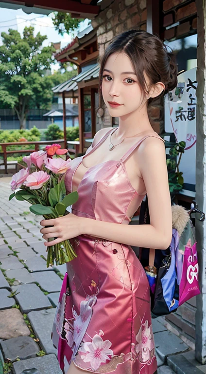 a woman in a floral dress standing in front of a store, infp young woman, anna nikonova aka newmilky, beautiful and aesthetic, of taiwanese girl with tattoos, a young asian woman, dilraba dilmurat, her face looks like an orchid, belle delphine, a cute young woman, wearing pink floral gown, beautiful aesthetic face