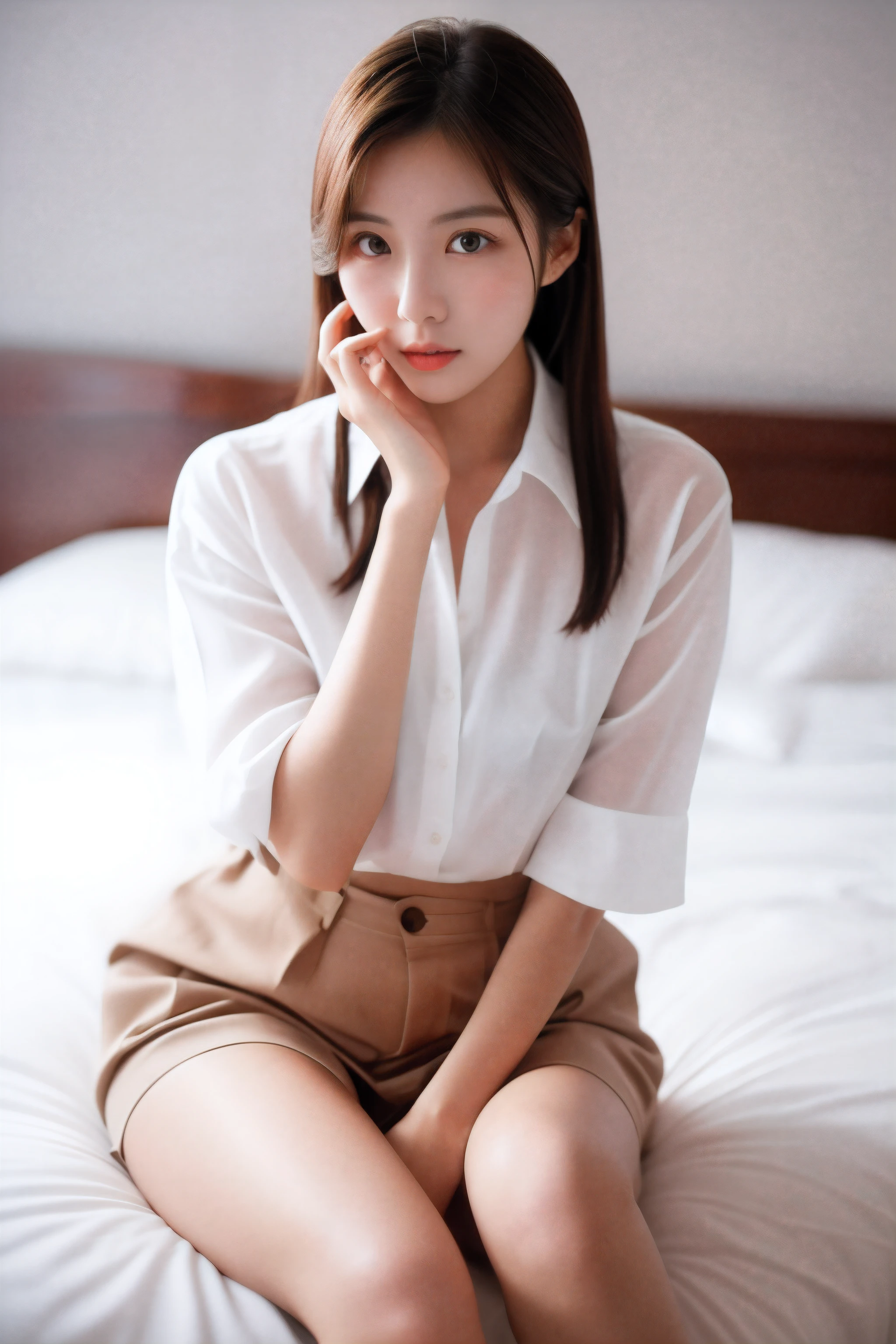 there is a woman sitting on the bed with a white shirt, korean girl, gorgeous young korean woman, beautiful south korean woman, beautiful young korean woman, sitting on the bedいる, sitting on the bed, korean woman, 彼女のsitting on the bedいる, beautiful asian girl, gorgeous chinese model, japanese model, wore a white shirt, wearing a white shirt, I wore it inside my shirt.