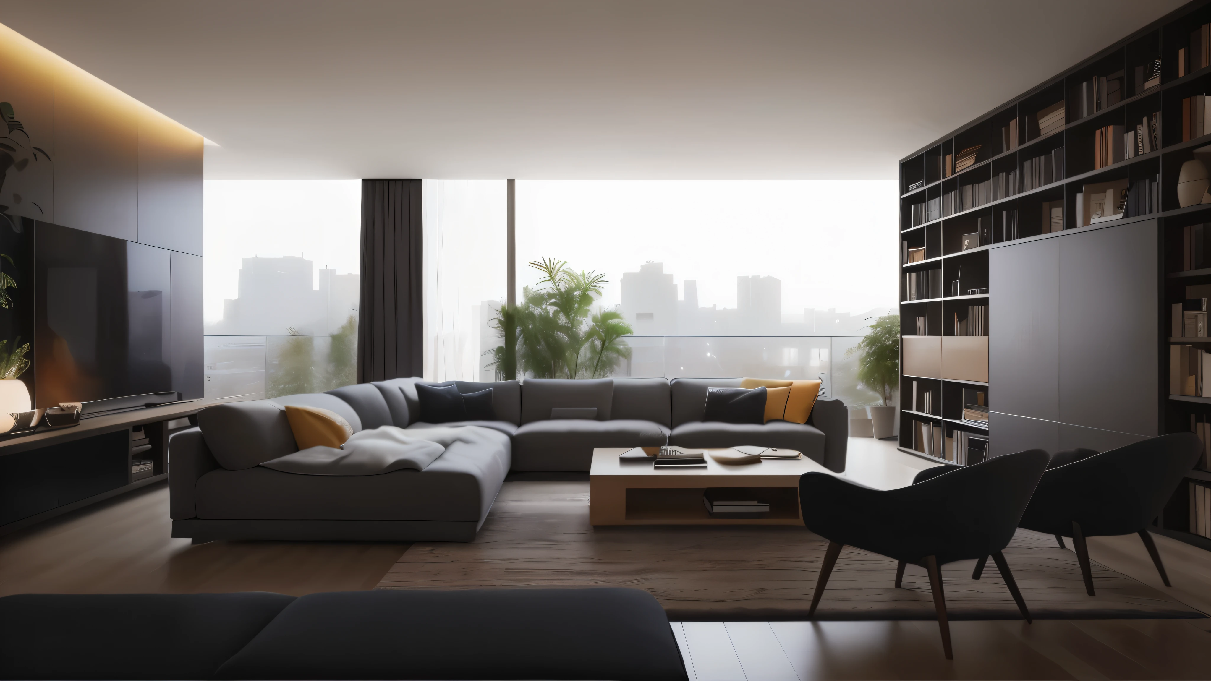 arafed living room with a couch, Chair, Coffee table and bookshelf, living room, modern living room, architectural visualization, Inside modern apartment, cozy contemporary living room, Floor-to-ceiling windows, city apartment, 高度摄影rendering, 逼真的rendering, detailed architectural visualization render, interior living room, rendering, living room interior